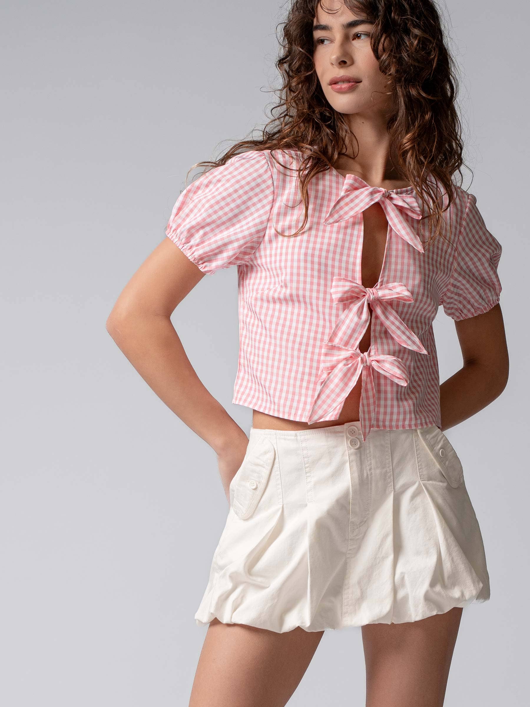 Urban Daizy Gingham Triple Bow Puff Sleeve Crop Top Pink Blouse - Women's (UDZ-TP-01033) – alternate view 5