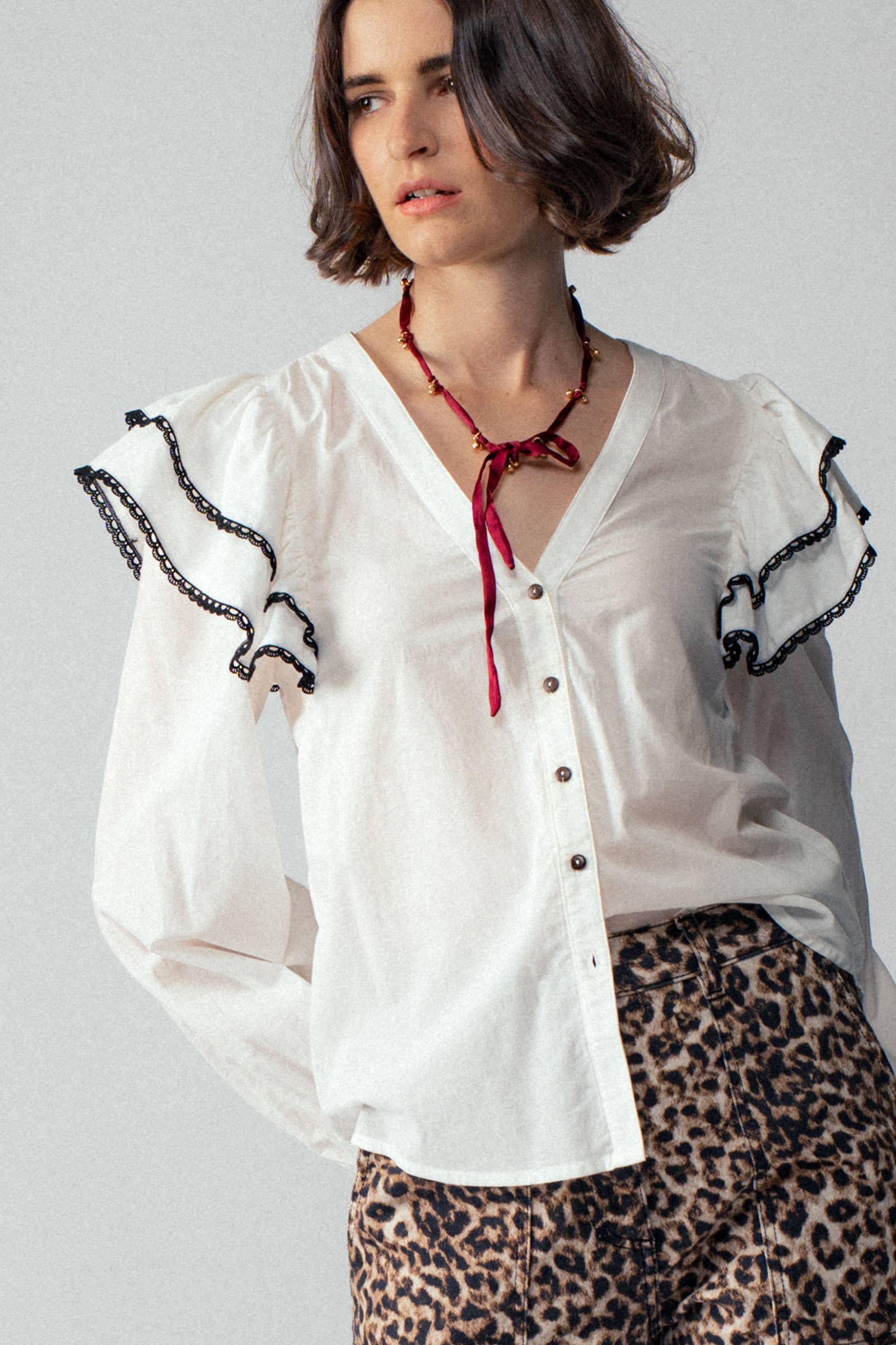 Urban Daizy Ruffled Shoulder V Neck Button Down Blouse White Black Blouse - Women's (UDZ-TP-00746) – alternate view 4