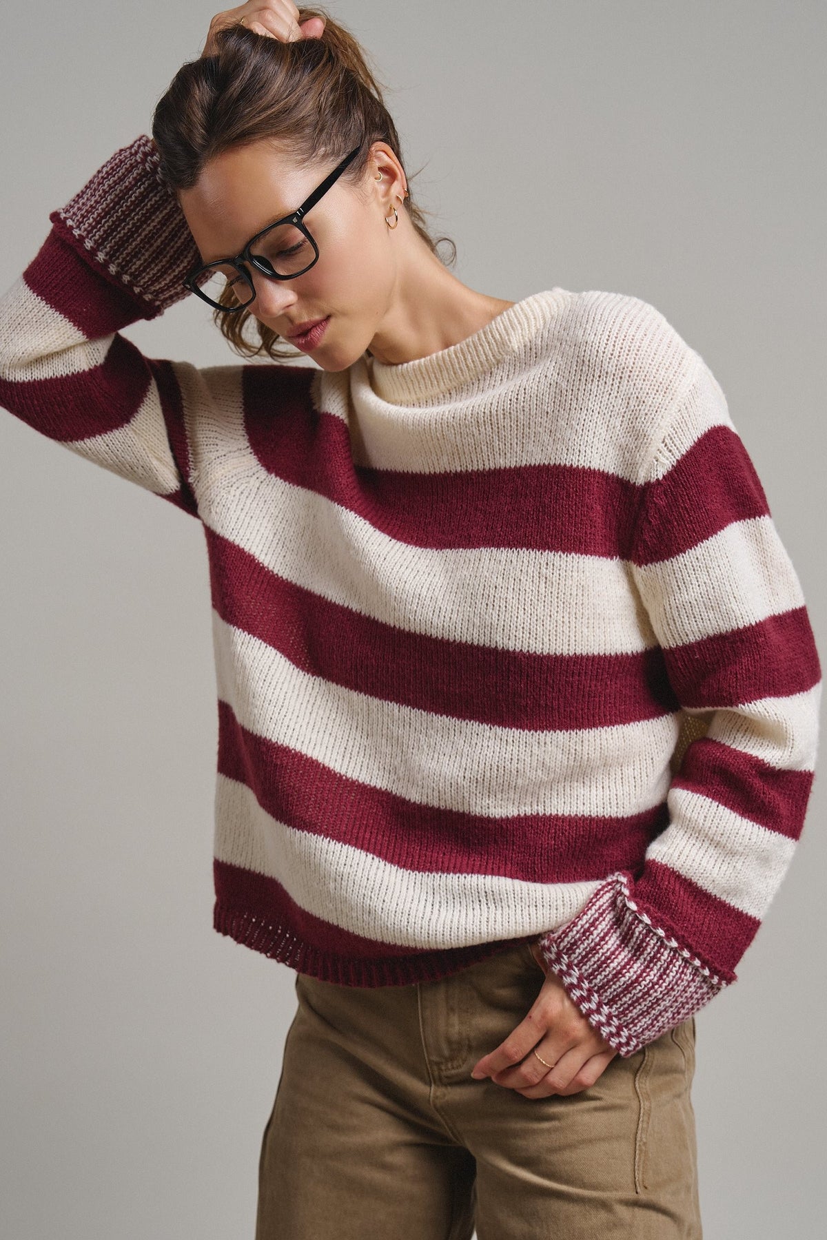 Striped Oversized Chunky Knit Sweater in BURGUNDY - Women's Sweaters | Urban Daizy