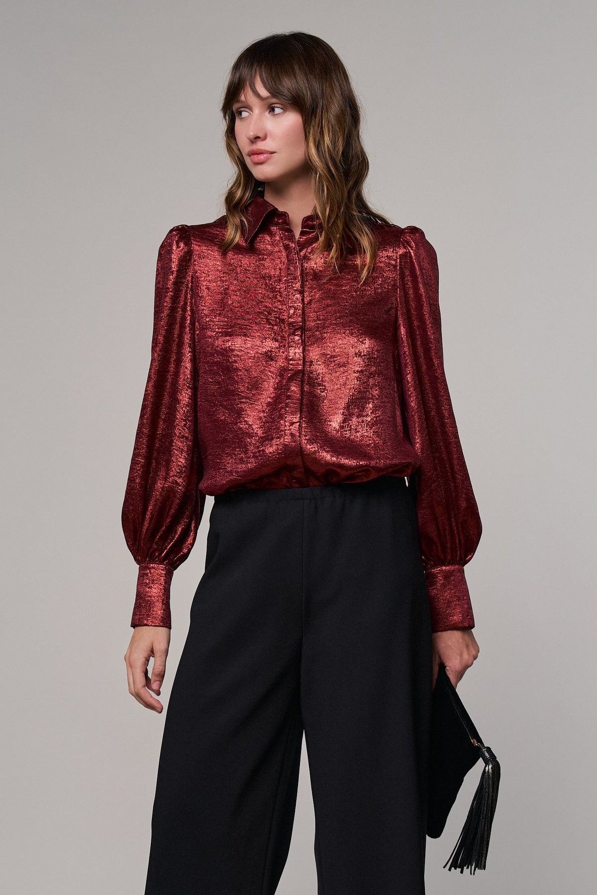 Metallic Shimmer Button Down Blouse with Puff Sleeves in BURGUNDY - Women's Shirts & Blouses | Urban Daizy