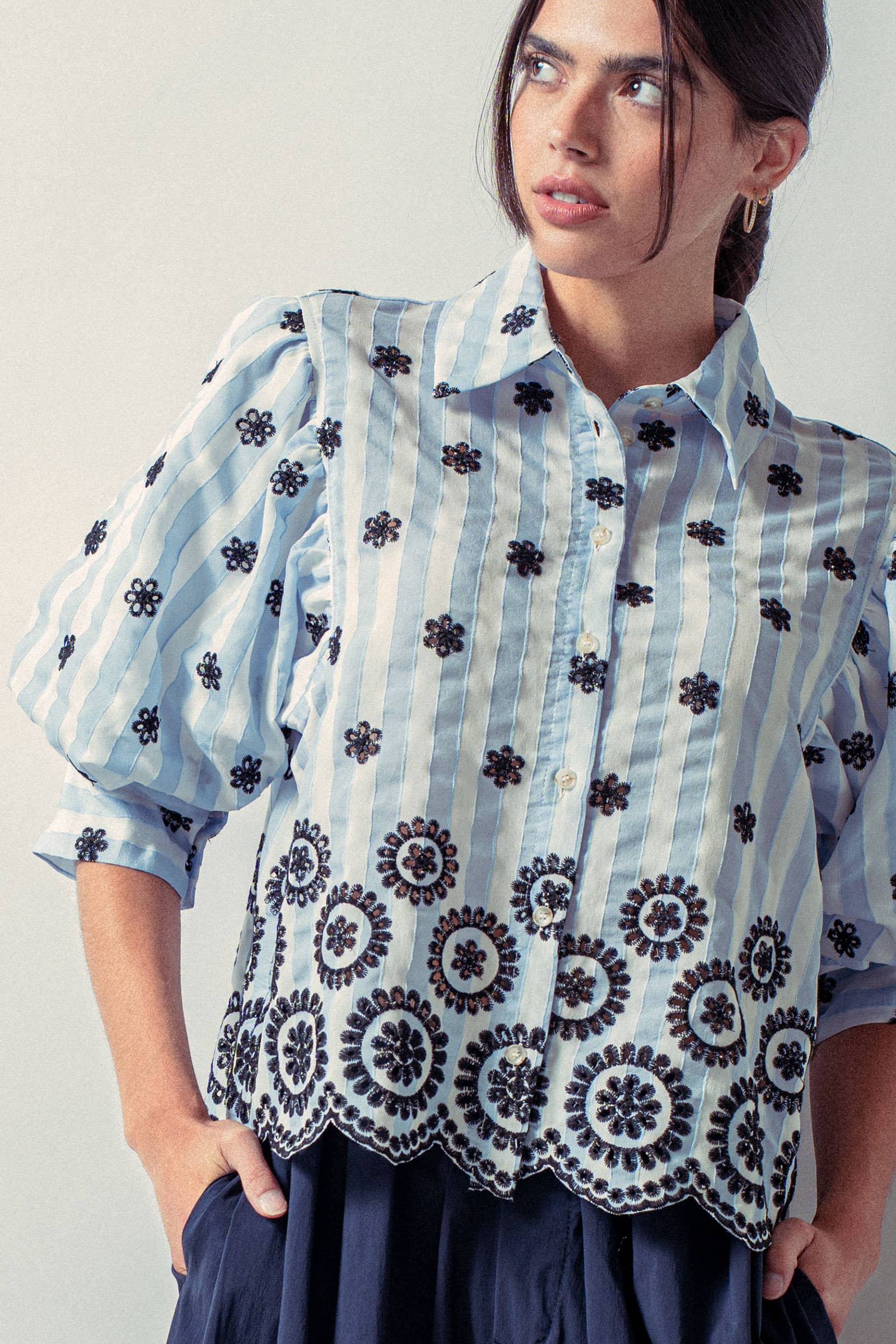 Urban Daizy Striped Floral Embroidered Scallop Blouse Olive Button Down Shirt - Women's (UDZ-TP-00953) – alternate view 21