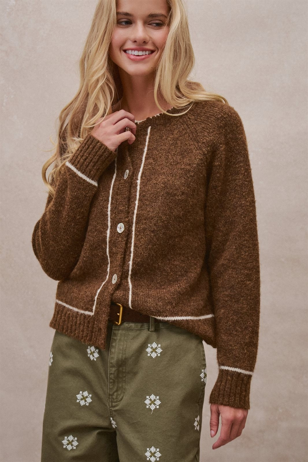 Wool Blend Sweater Cardigan with Statement Buttons in BROWN - Women's Cardigans & Shrugs | Urban Daizy