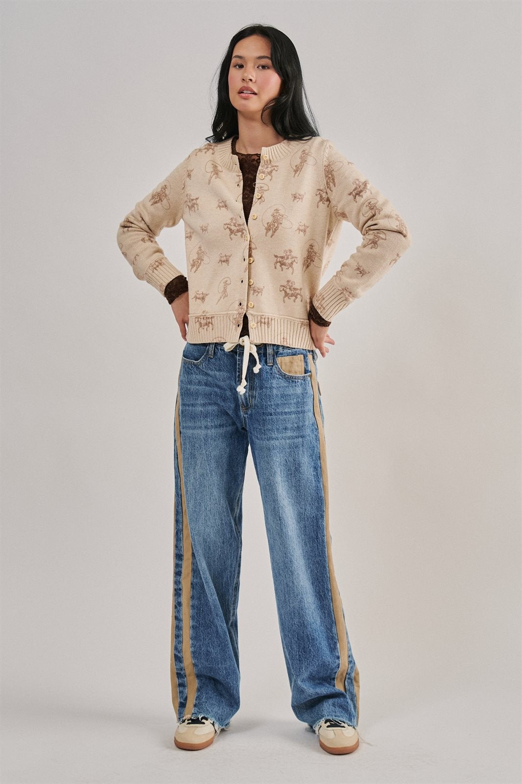Western Cowboy Print Button Front Cardigan Sweater in KHAKI - Women's Cardigans & Shrugs | Urban Daizy