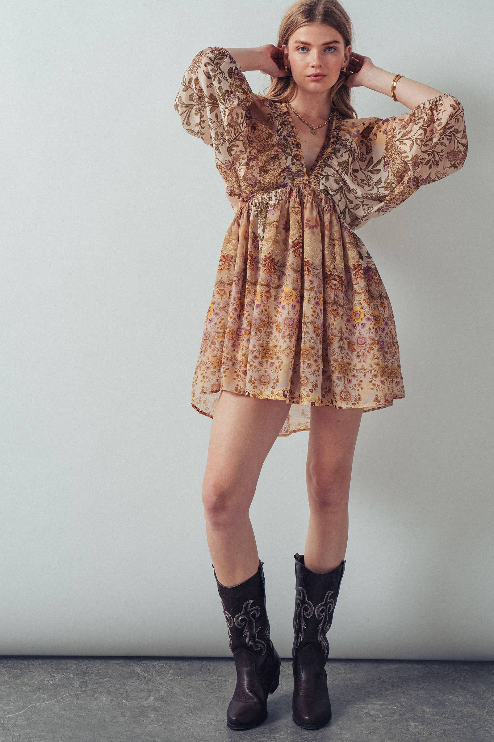 Urban Daizy Mixed-Print Boho Smocked Waist Mini Dress Taupe-Multi Dress - Women's (UDZ-DR-00478) – alternate view 10