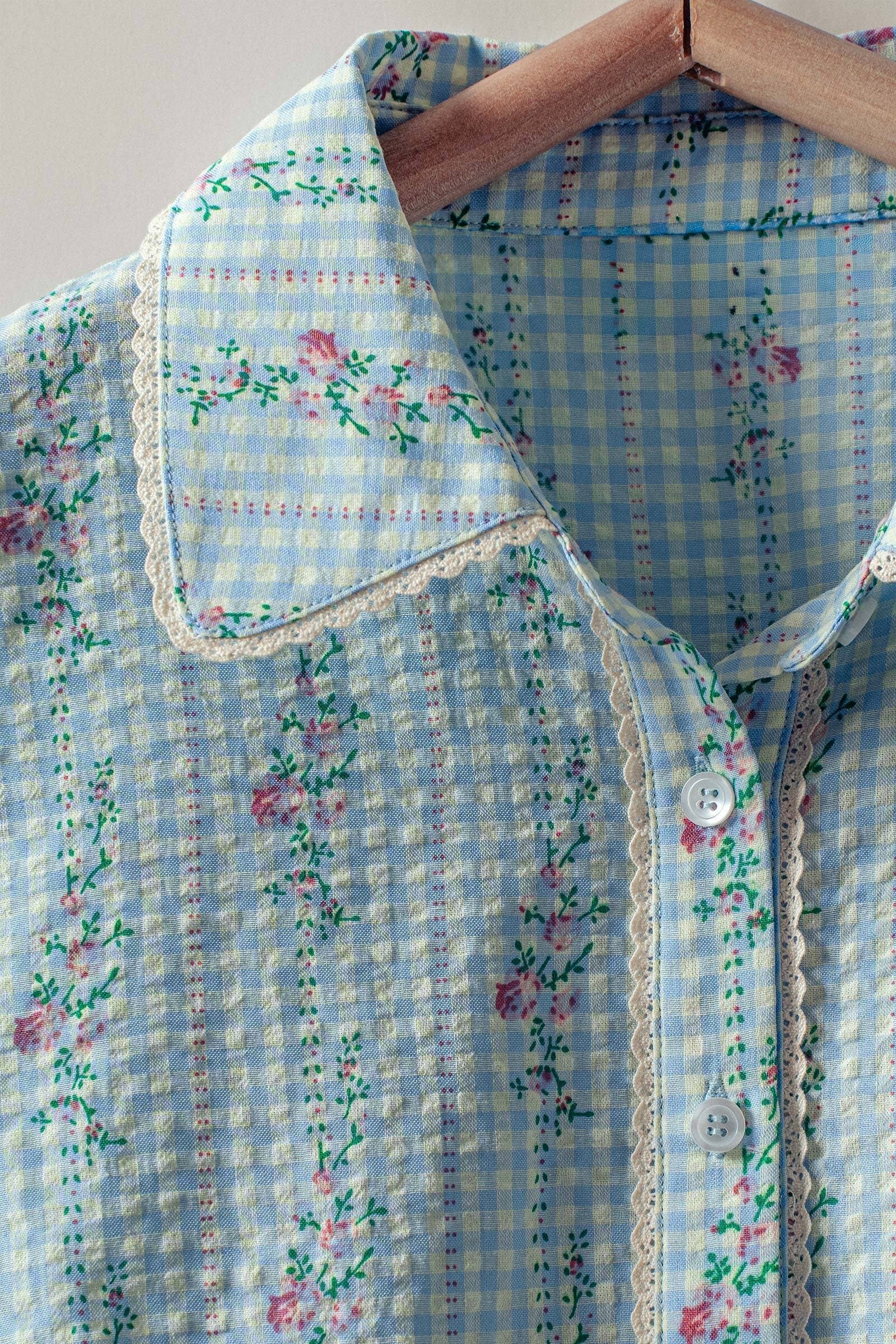 Gingham Floral Lace Trim Peter Pan Collar Shirt