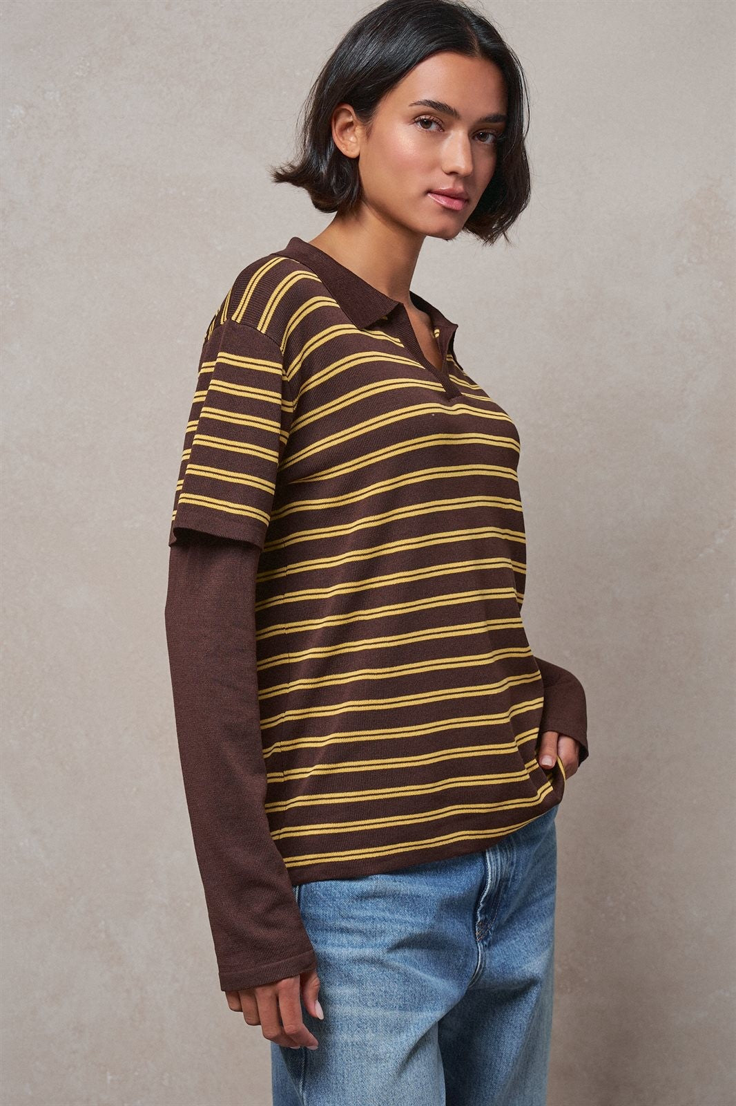 Striped Collared Layered Polo Top in BROWN - Women's Sweaters | Urban Daizy