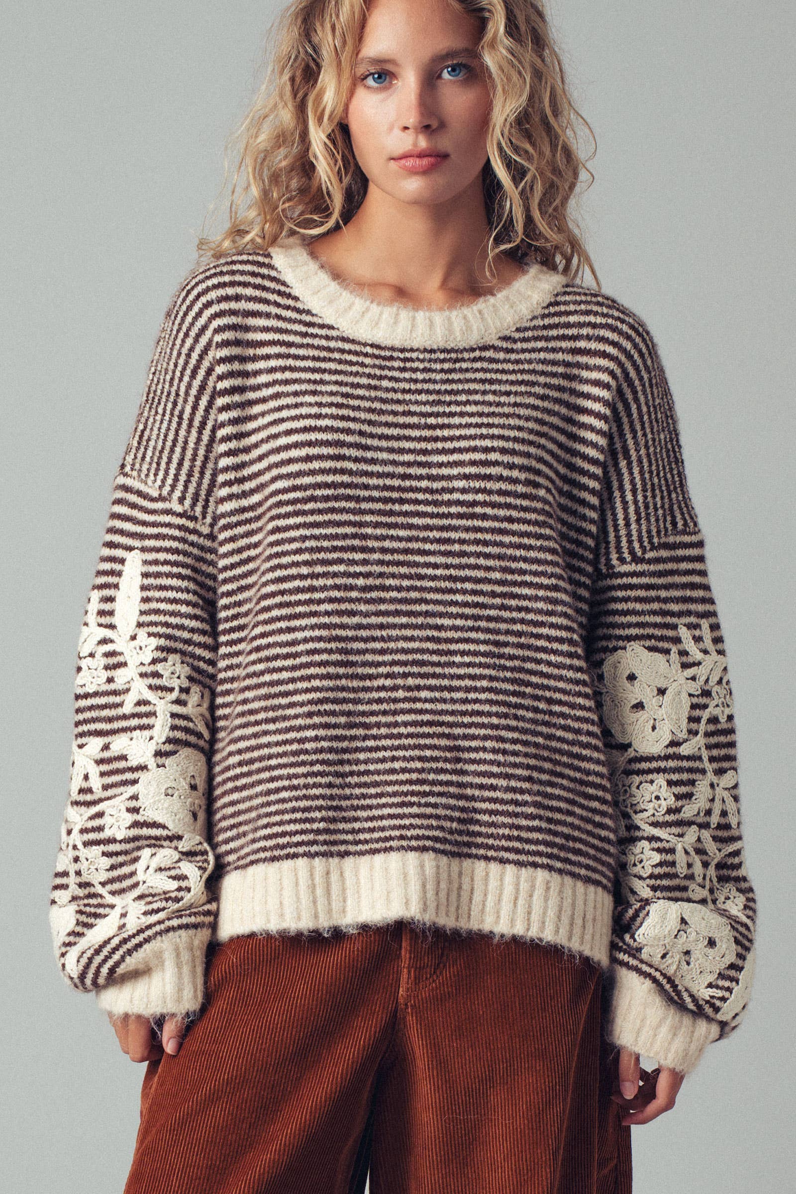 Urban Daizy Floral Embroidered Striped Knit Sweater Brown Knit Sweater - Women's (UDZ-TP-00814) – alternate view 3