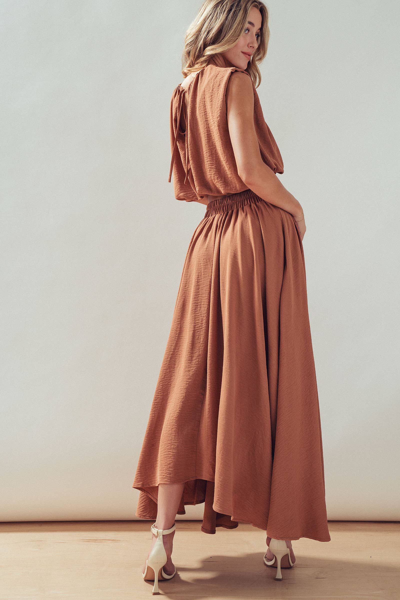 High-Waist Pleated High-Low Maxi Skirt