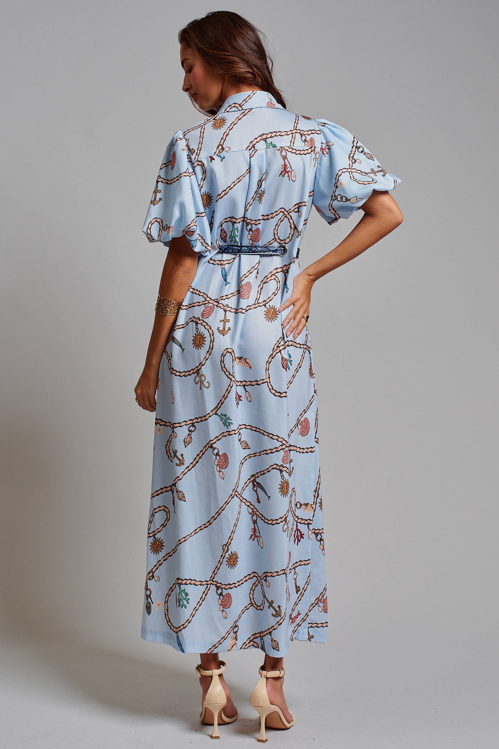 Nautical Motif Puff Sleeve Shirt Dress