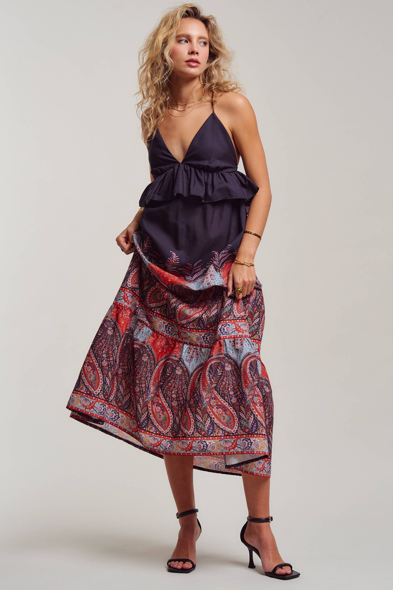 Urban Daizy Paisley Border Print Ruffle Overlay Maxi Dress Black Dress - Women's (UDDR0351-Black) – alternate view 2