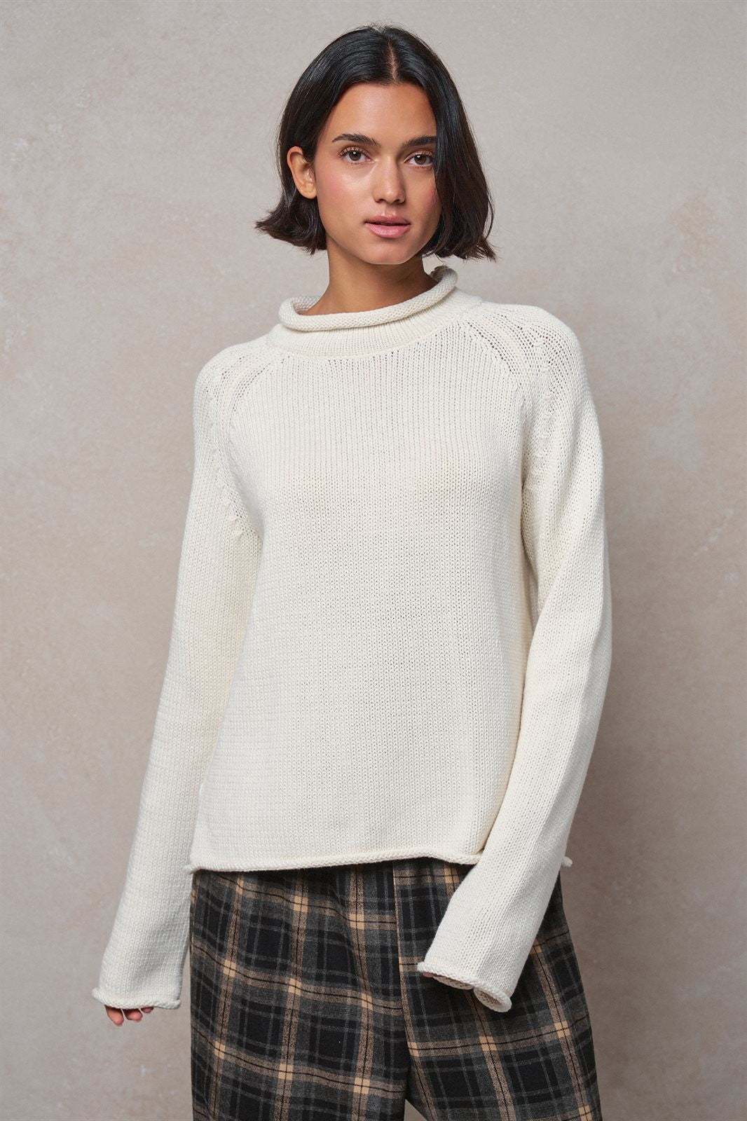 Striped Mock Neck Sweater with Rolled Neckline in IVORY - Women's Sweaters | Urban Daizy
