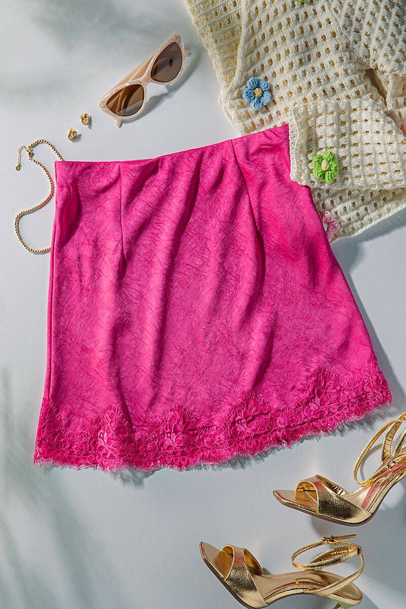 Romantic Scalloped Lace Trim Satin Mini Lingerie Skirt