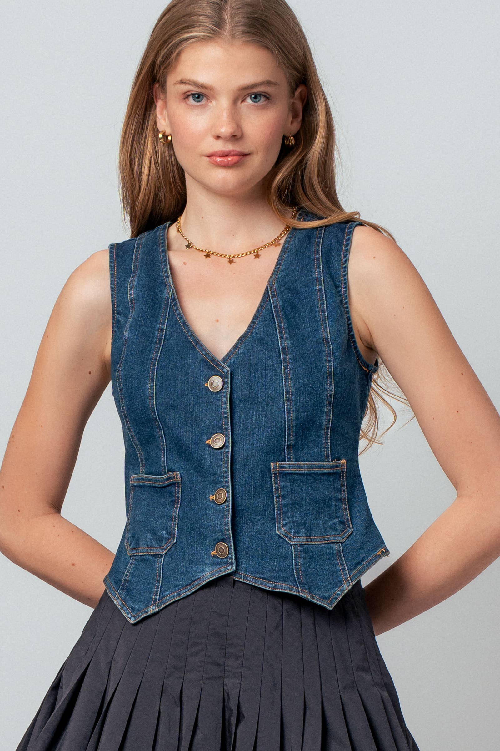 Fitted V-Neck Button-Front Denim Vest