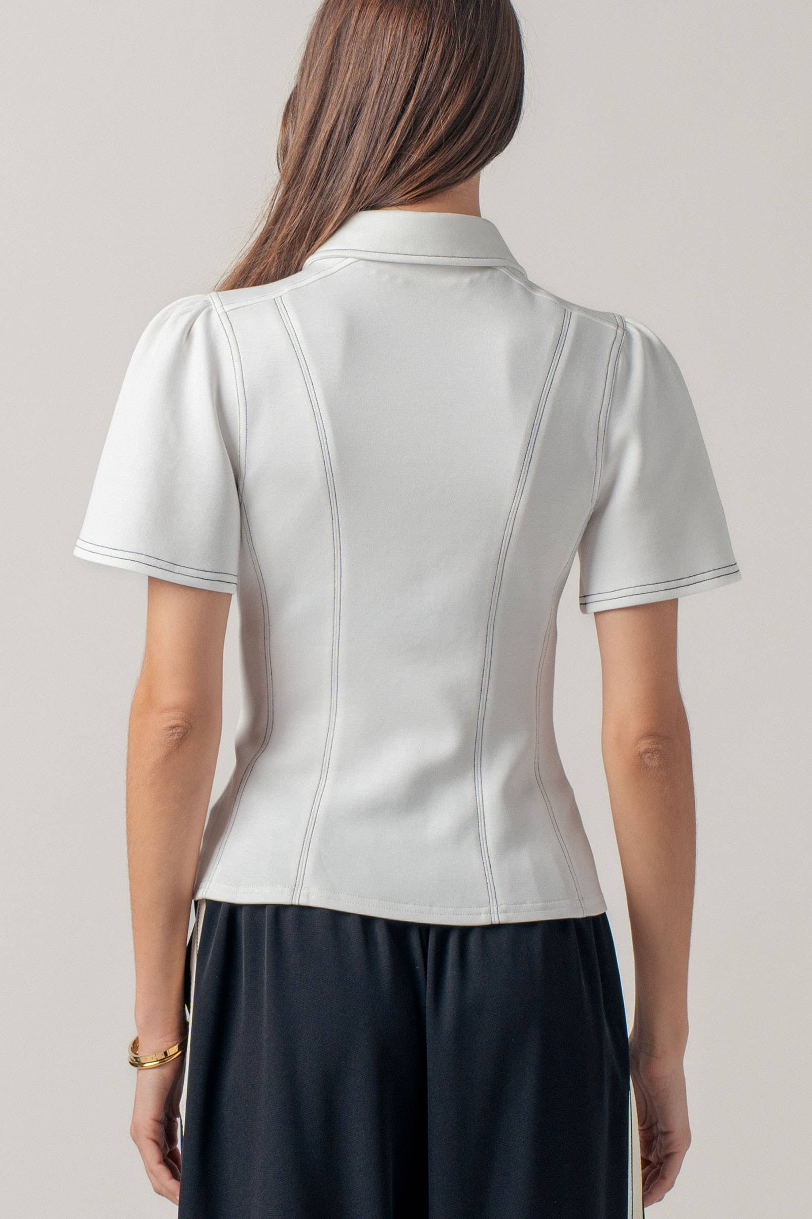 Urban Daizy Contrast Stitch Zip Front Knit Top Puff Sleeve Ivory Blouse - Women's (UDZ-TP-01058) – alternate view 5