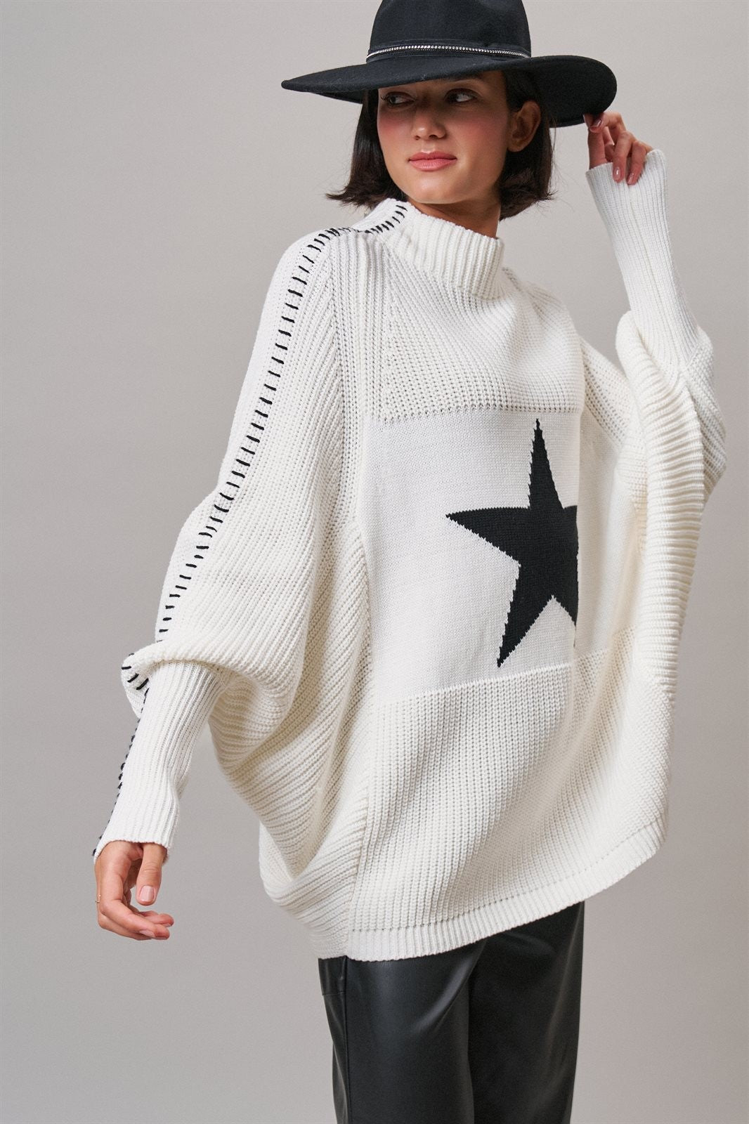 Star Intarsia Mock Neck Sweater in IVORY - Women's Sweaters | Urban Daizy