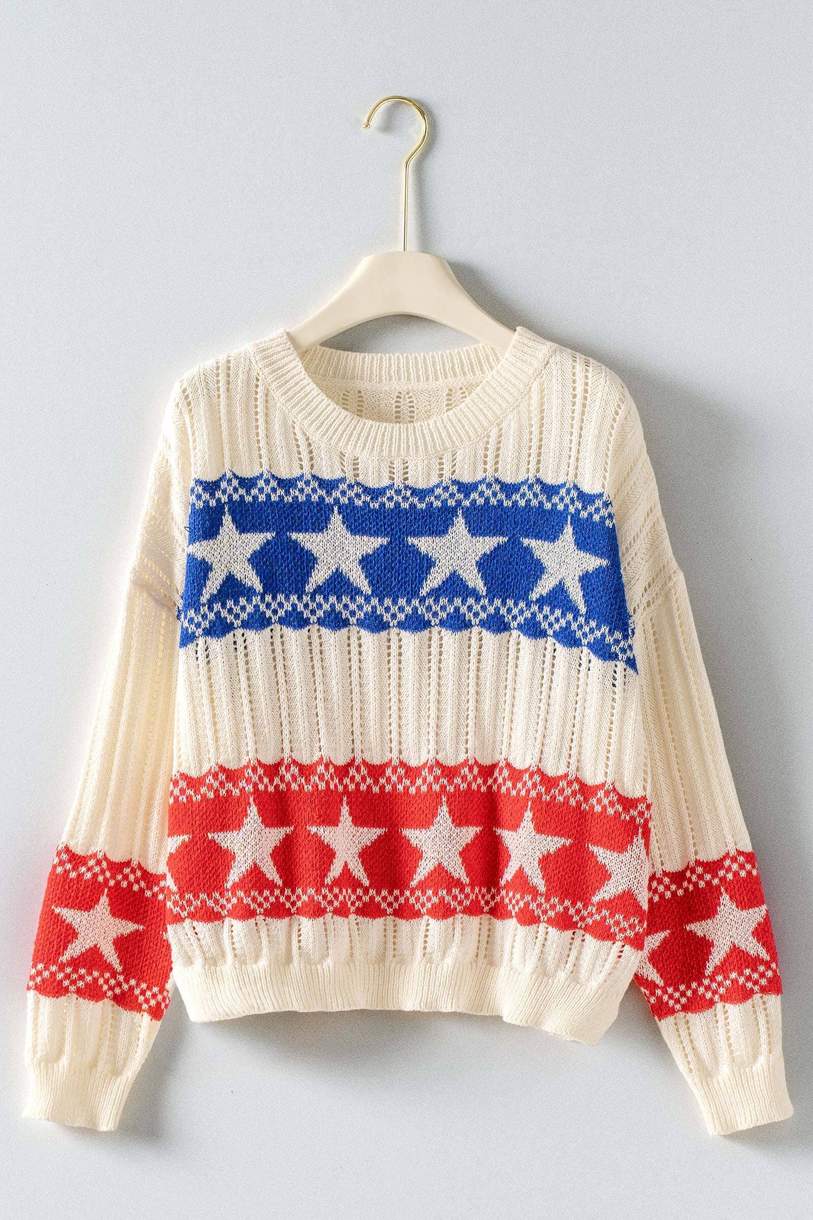 Urban Daizy Patriotic Star & Stripe Open Knit Sweater Ivory Knit Sweater - Women's (UDZ-KN-01052)