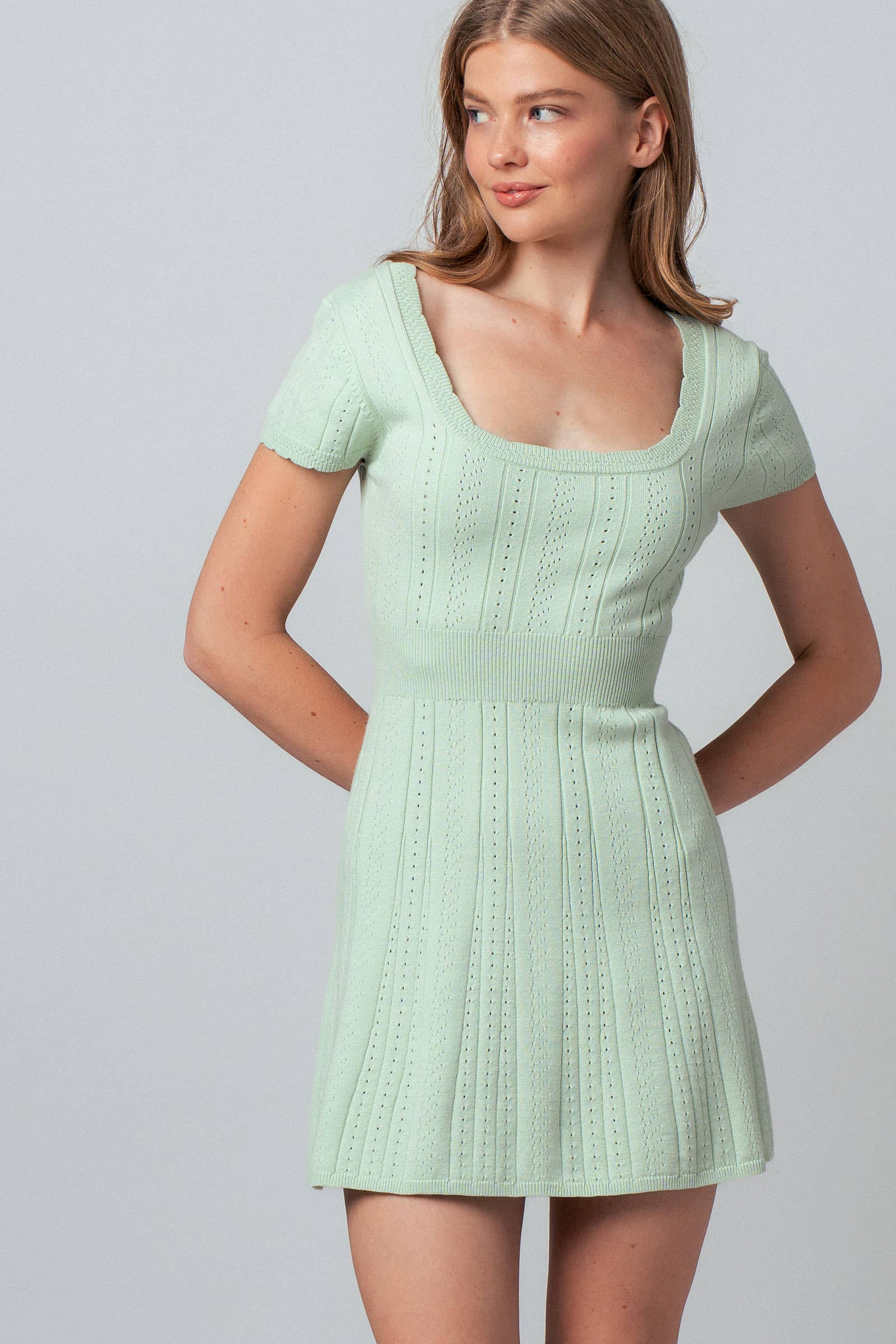 Pointelle Knit Square Neck Mini Dress