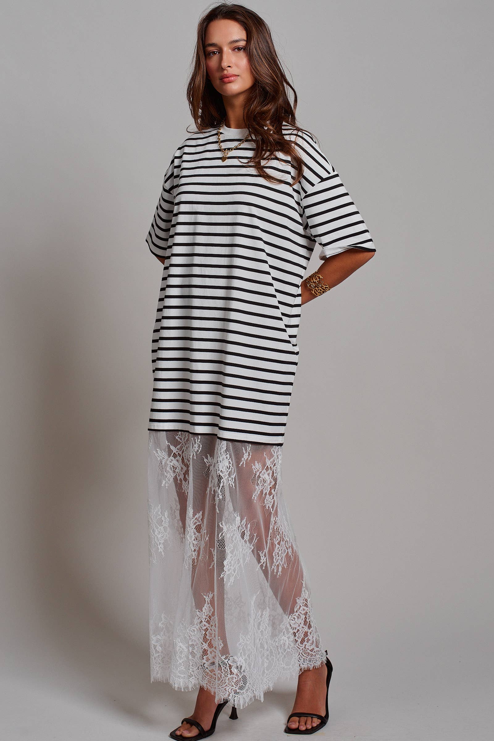Mixed-Media T-Shirt Dress with Sheer Lace Skirt