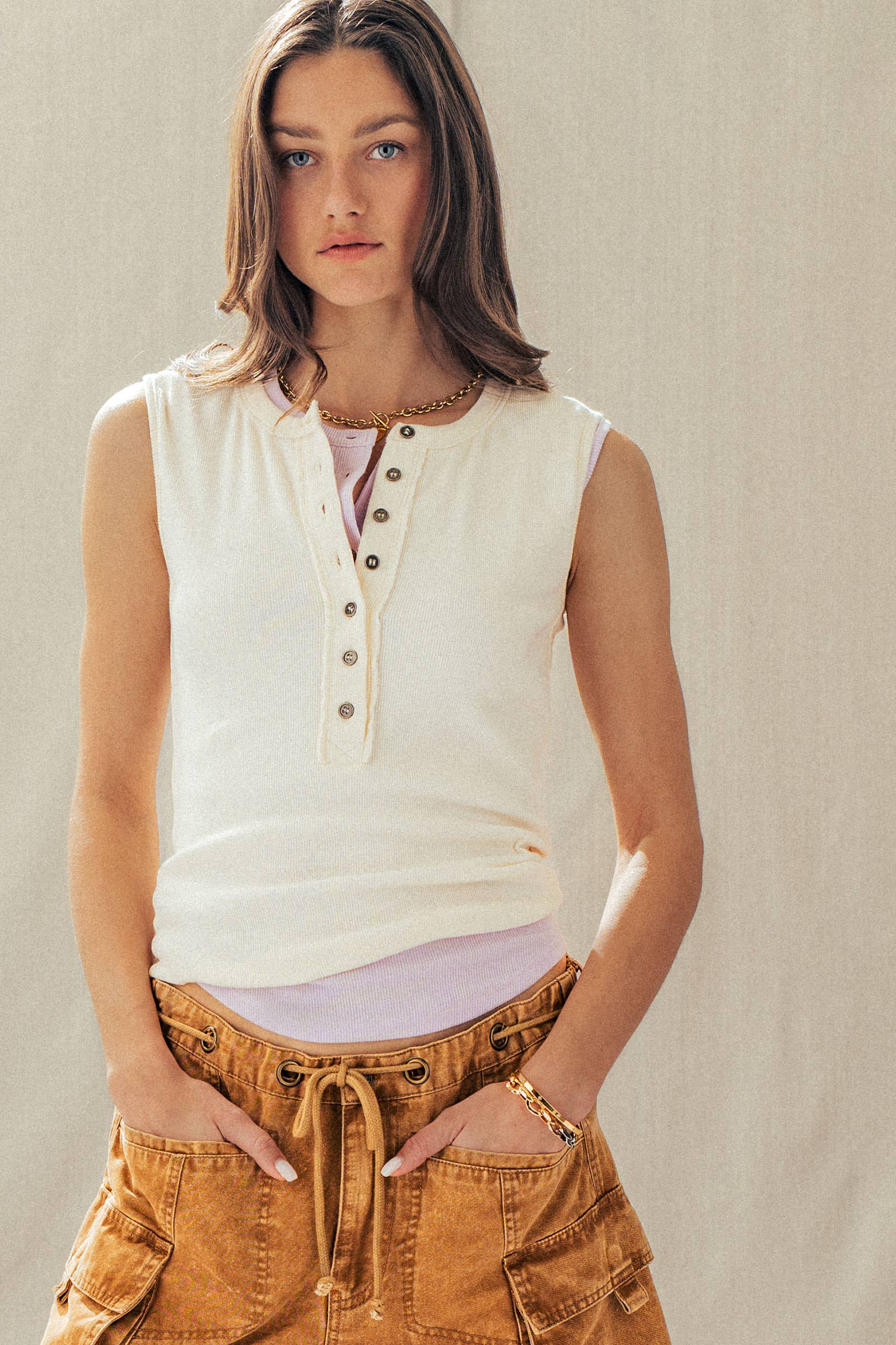 Raw Edge Ribbed Henley Tank