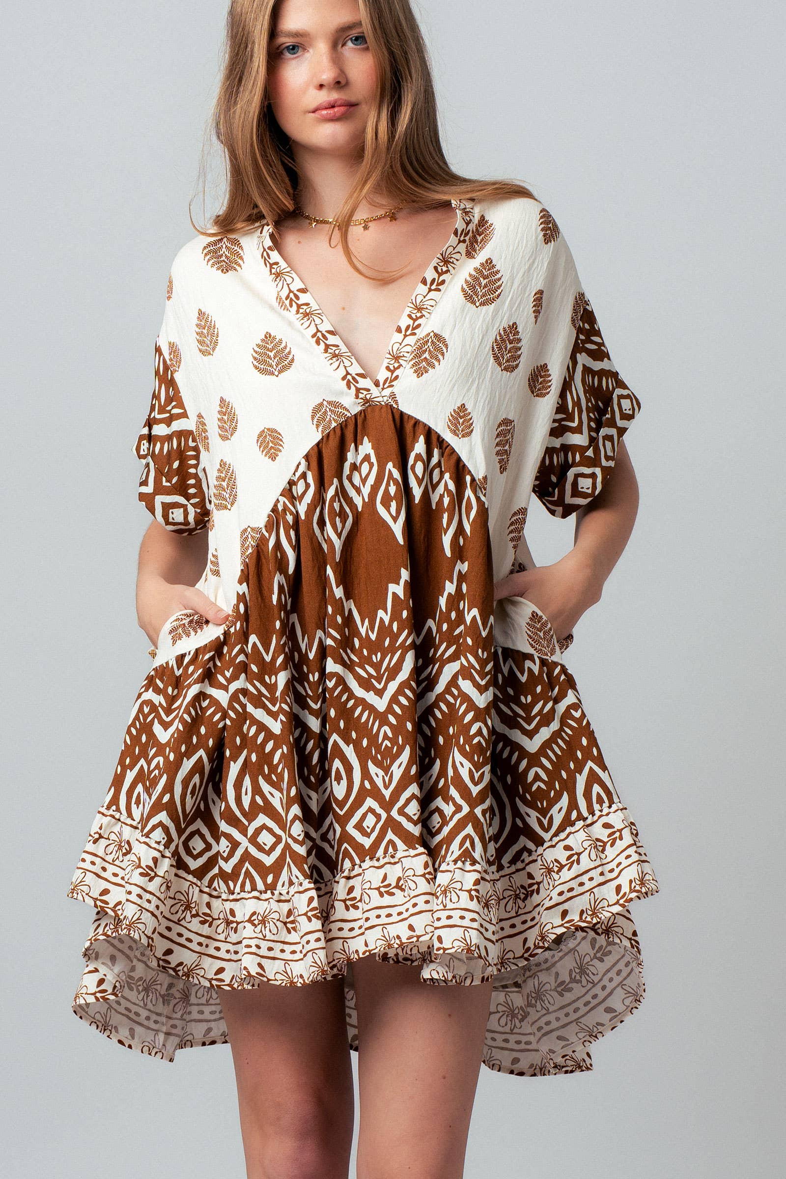 Urban Daizy Mixed-Print V-Neck Tiered Boho Mini Dress Ivory-Brown Dress - Women's (UDZ-DR-00476) – alternate view 6