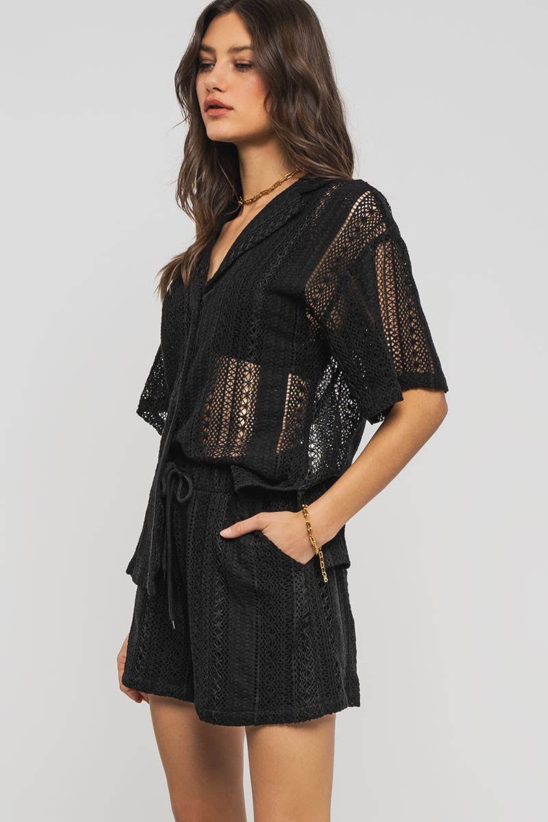 Urban Daizy Open Knit Button-Down Oversized Shirt Black Button Down Shirt - Women's (UDZ-TP-00111) – alternate view 16