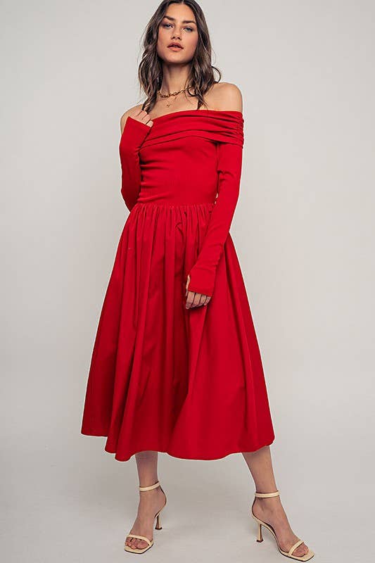 Urban Daizy Elegant Off Shoulder Ruched Long Sleeve Spring Midi Dress Red Dress - Women's (UDZ-DR-00366) – alternate view 9