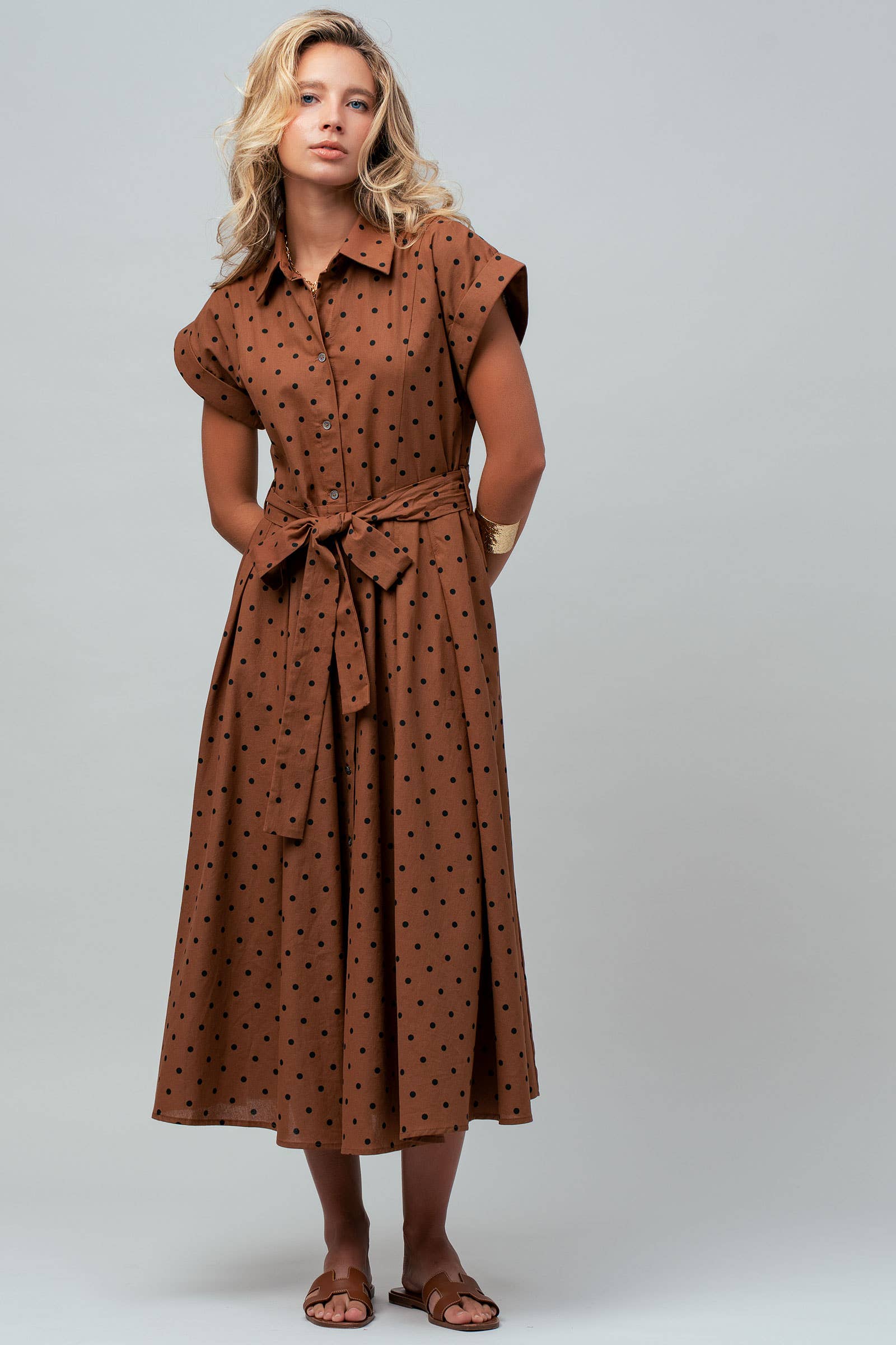 Polka Dot Cotton Belted Midi Shirt Dress