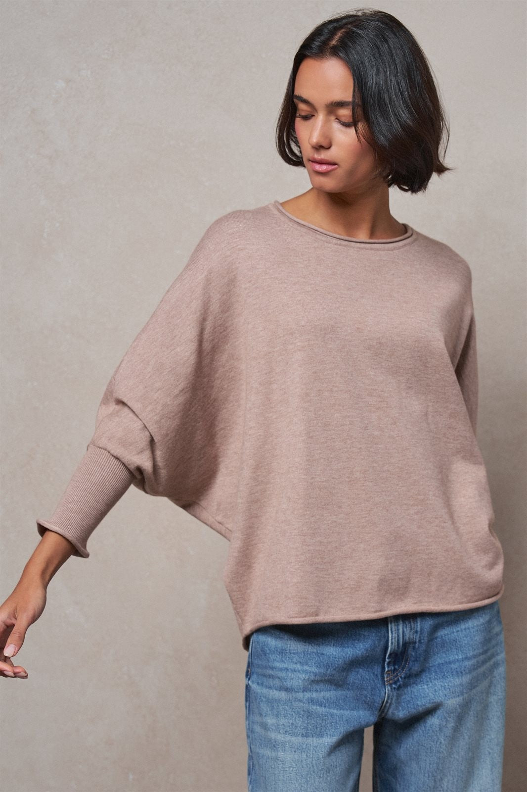 Dolman Sleeve Knit Top Boat Neck Boho Slouchy Sweater in MOCHA - Women's Sweaters | Urban Daizy