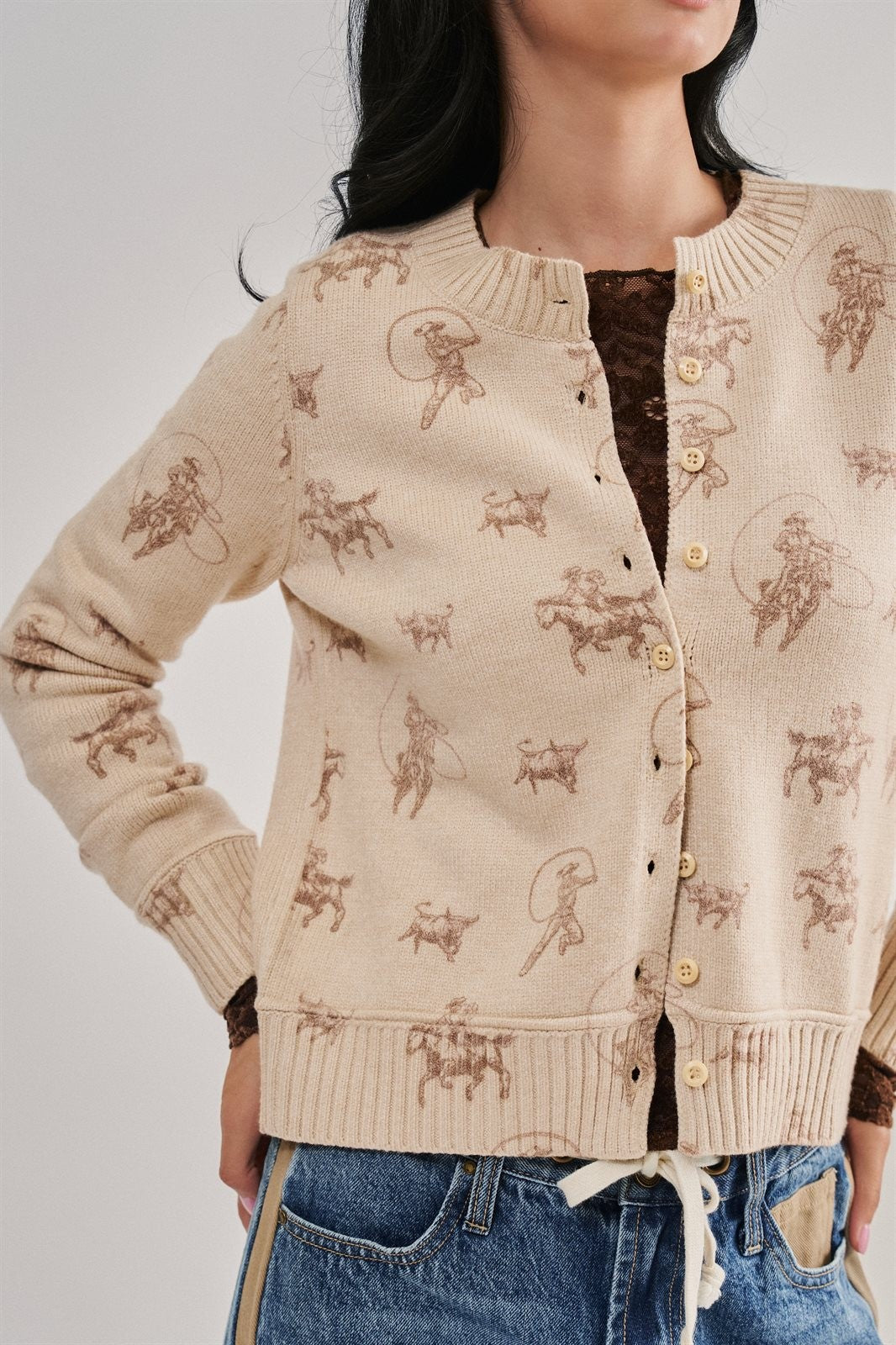 Western Cowboy Print Button Front Cardigan Sweater in KHAKI - Women's Cardigans & Shrugs | Urban Daizy