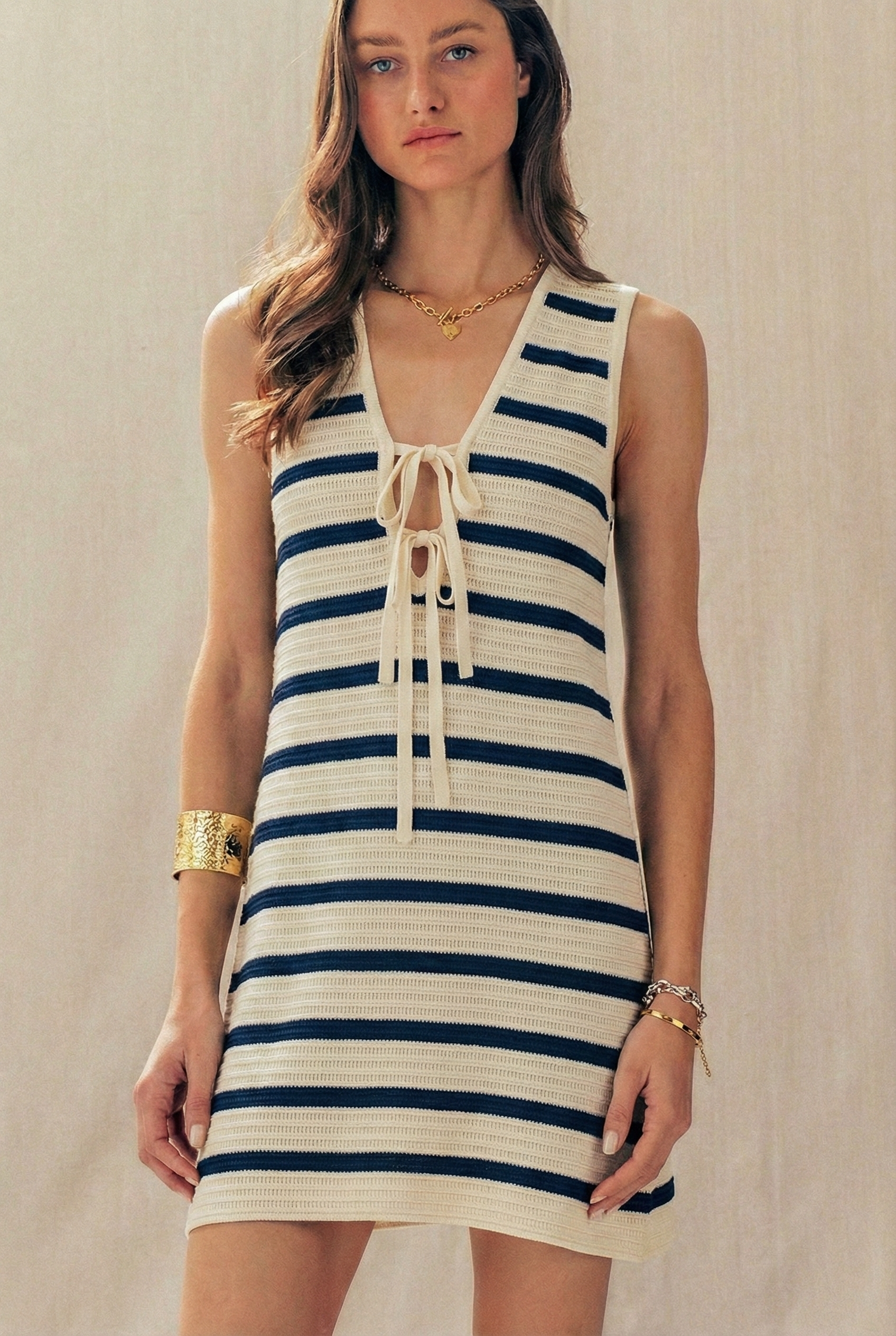 Striped Crochet Knit Mini Dress Tie Front