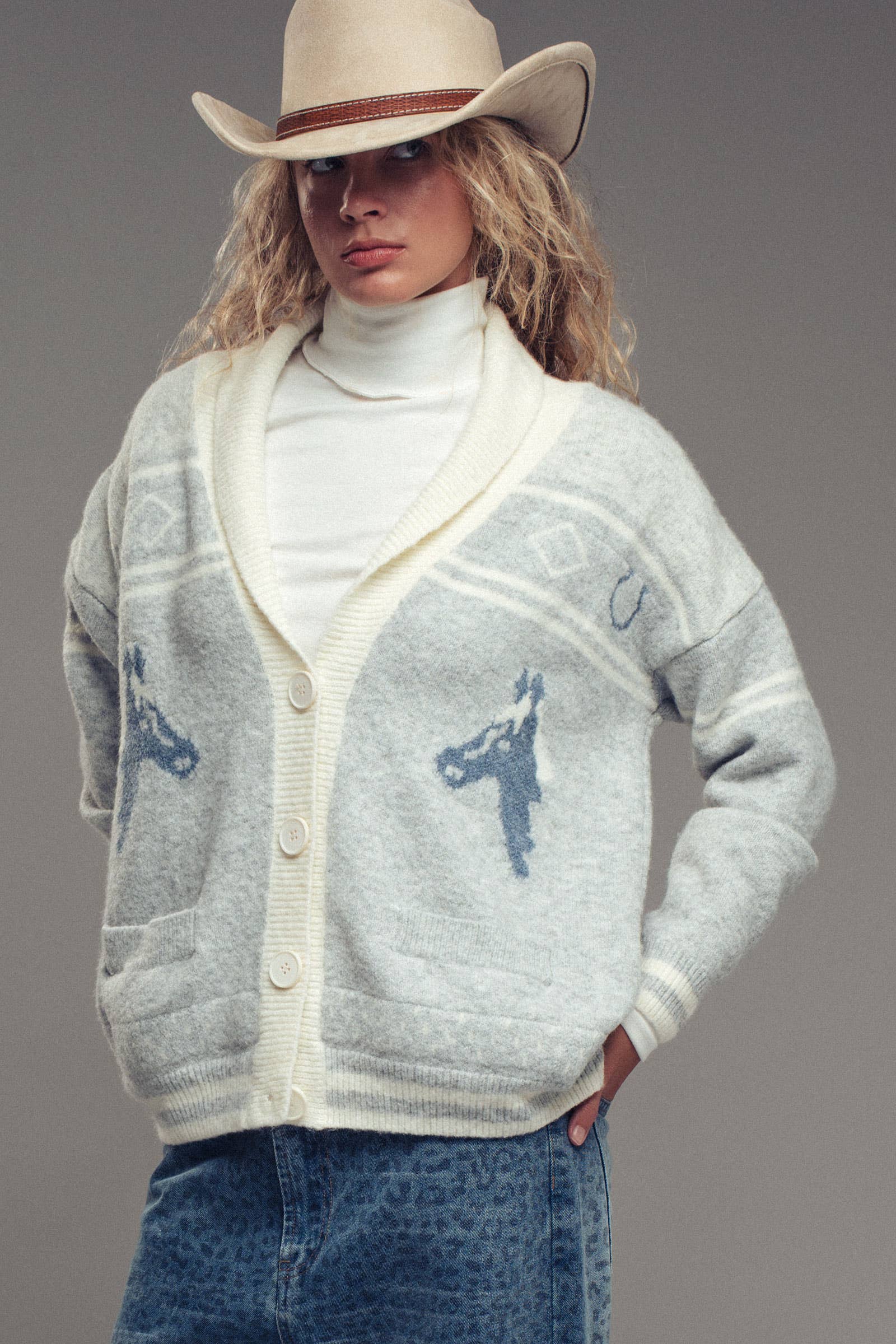 Horse Motif Shawl Collar Cardigan