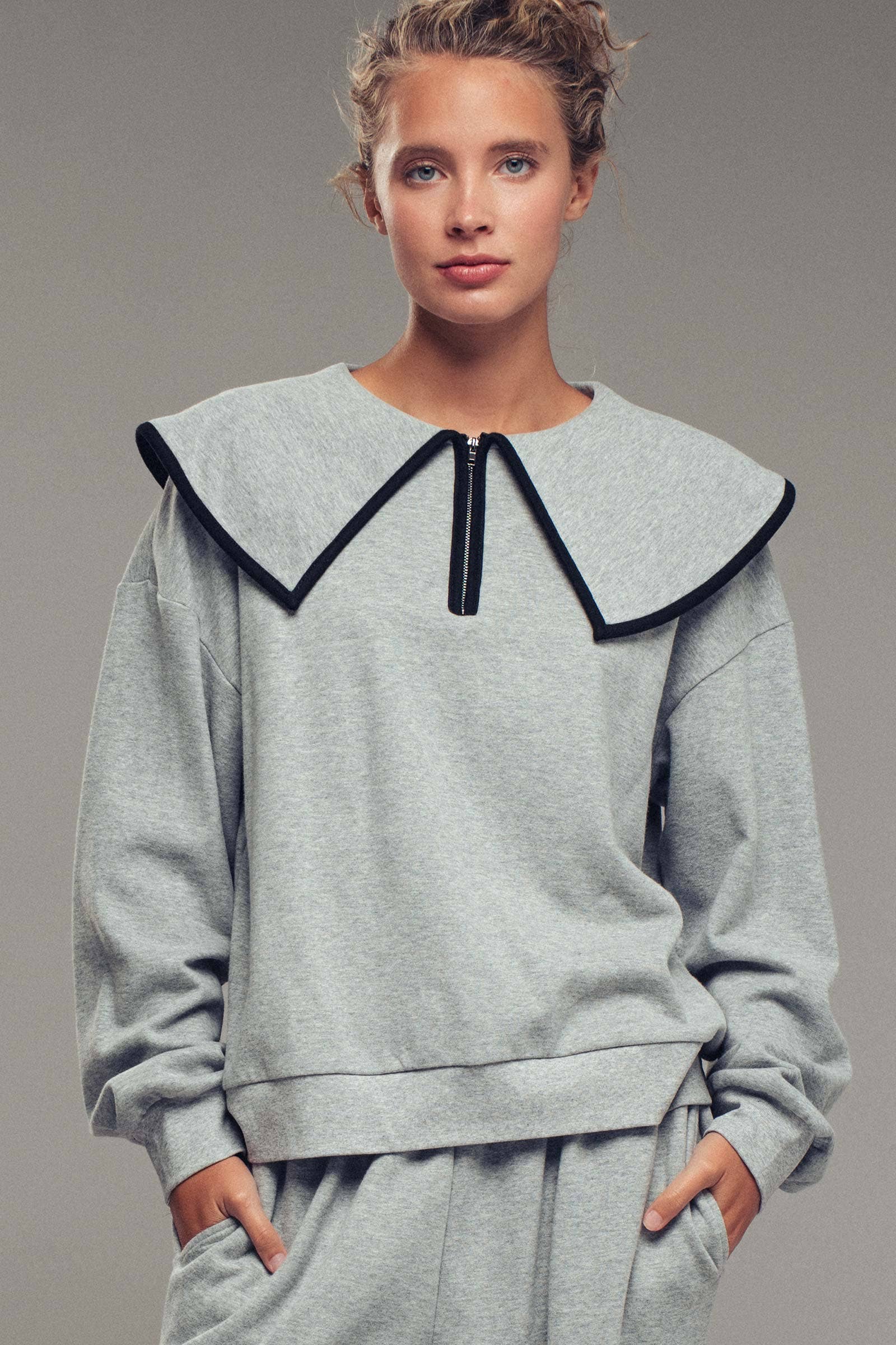 Urban Daizy Statement Sailor Collar Quarter Zip Lounge Set H-Grey Black Top & Pant Set (NOT Loungewear) - Women's… –…