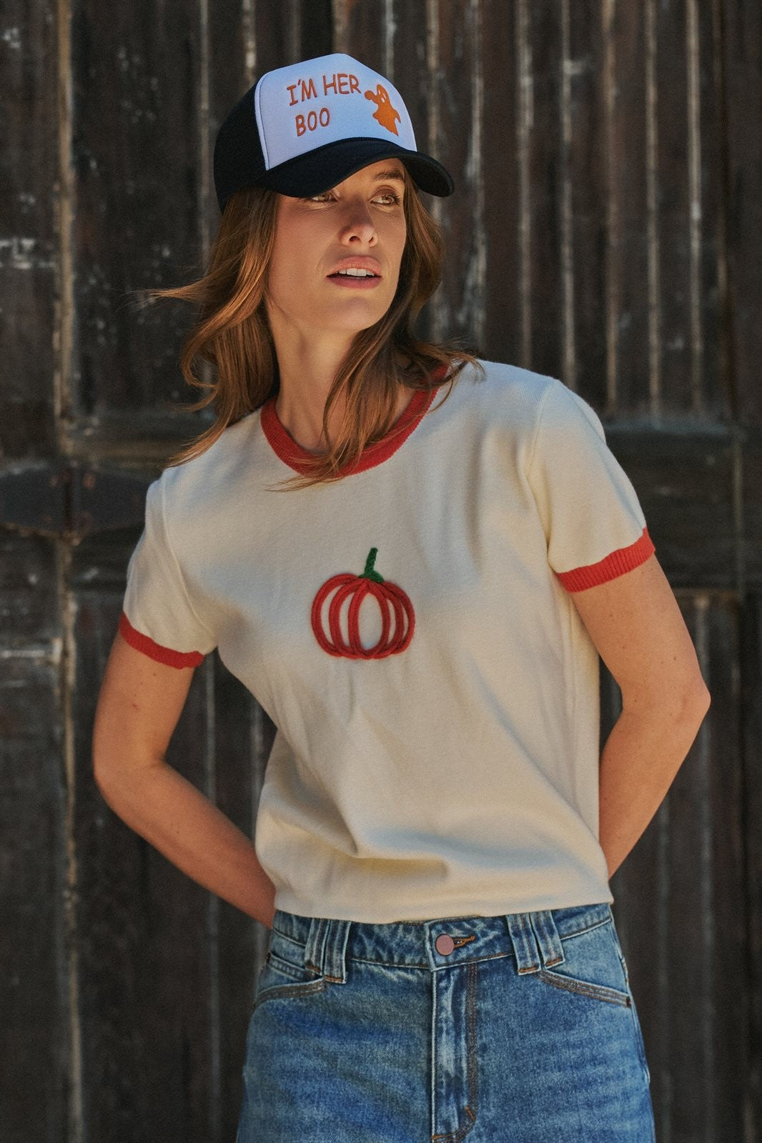Pumpkin Embroidered Crew Neck Knit Tee in IVORY - Women's Sweaters | Urban Daizy