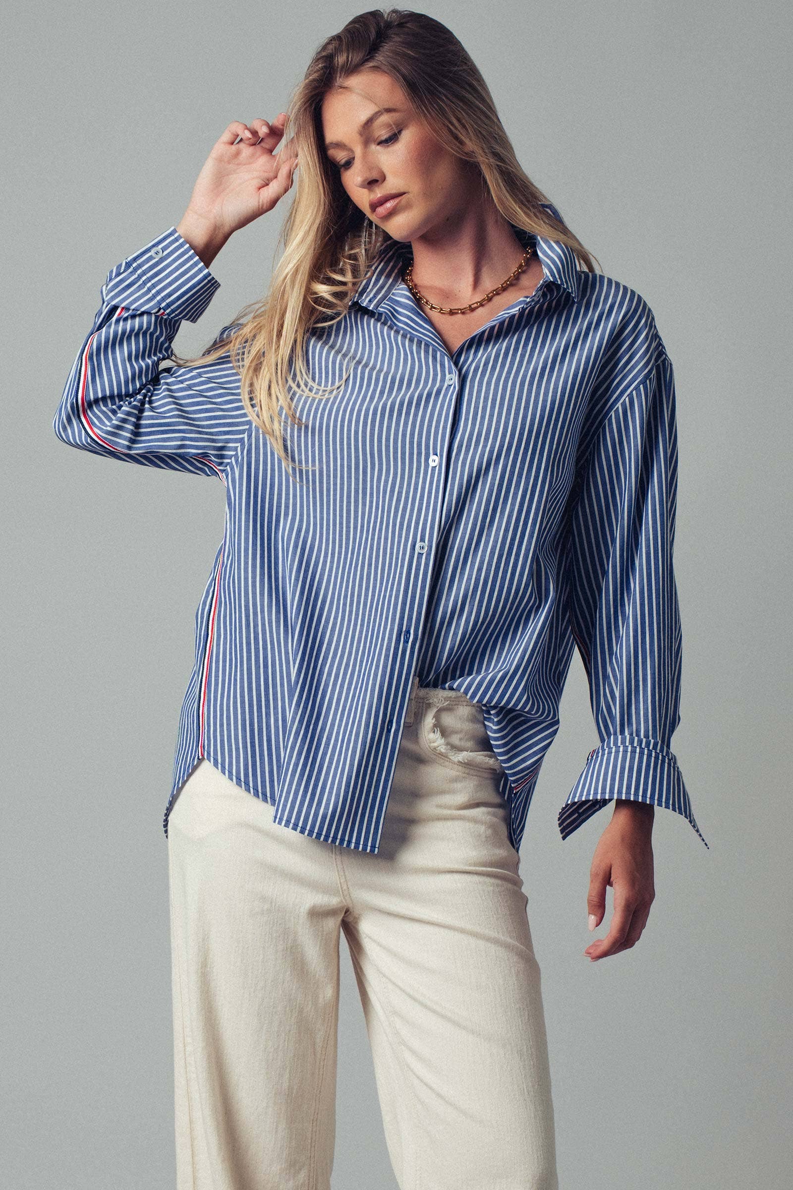 Striped Twill Tape Detail Statement Button Shirt