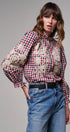 Floral Embroidered Gingham Blouse in Romantic Prairie Style in RED/NAVY - Women's Graphic T-shirts | Urban Daizy