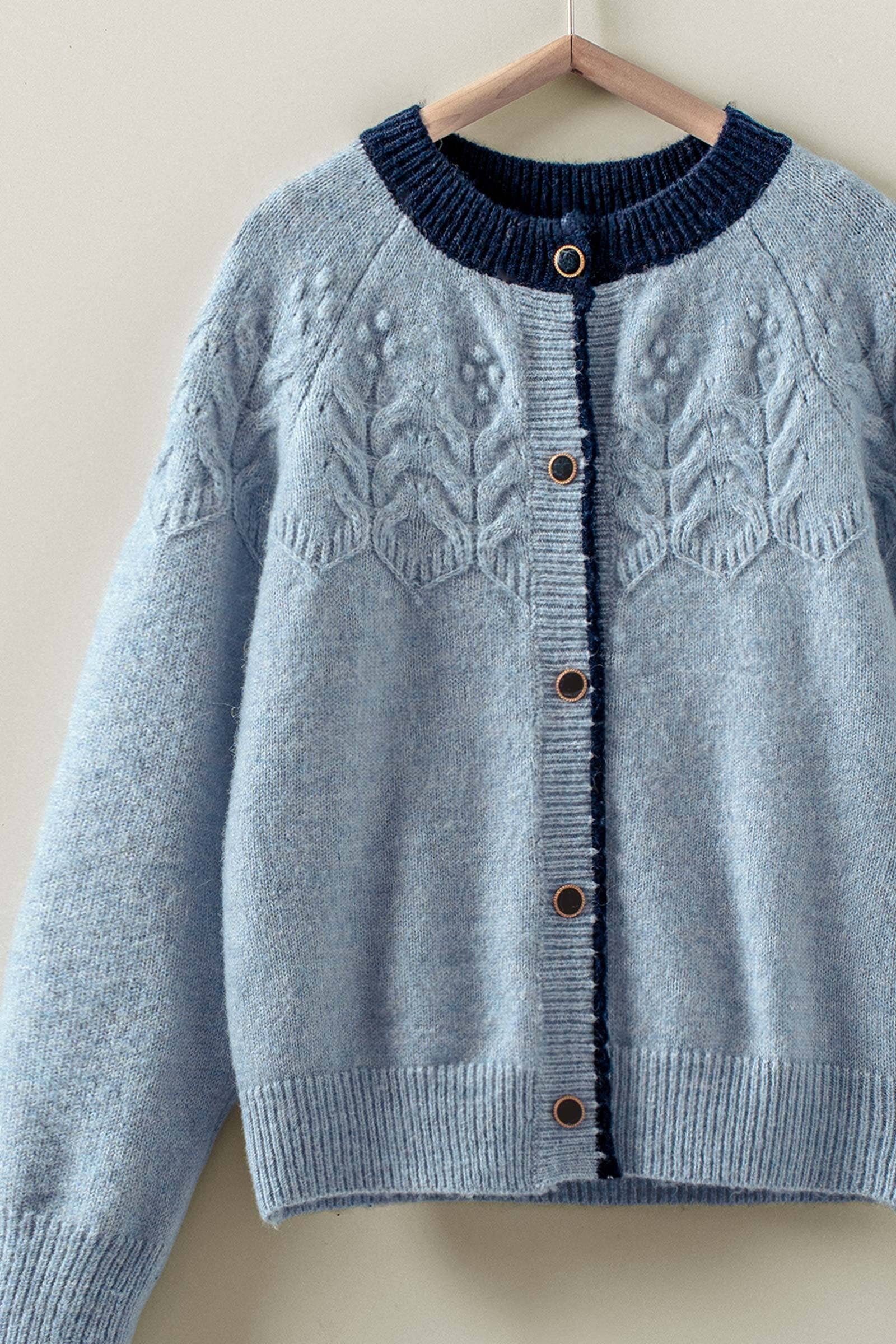Textured Yoke Contrast Trim Knit Cardigan | wholesale cardigan - women's | Urban Daizy