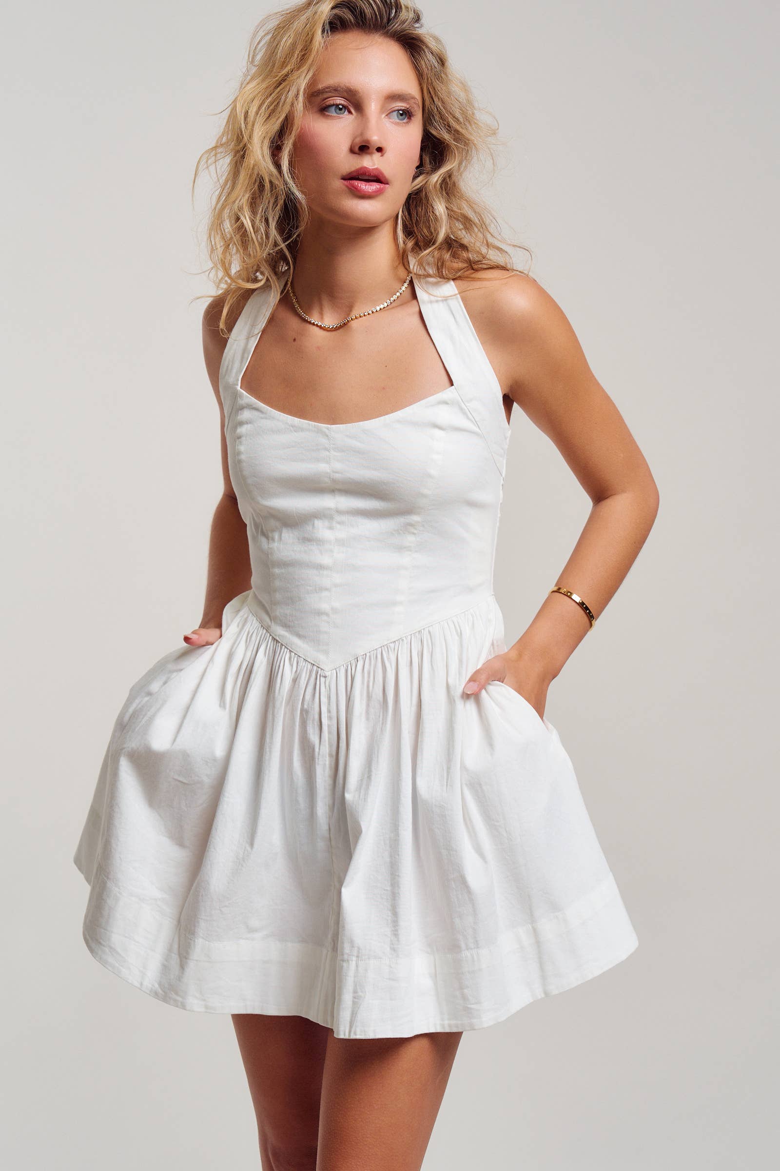 White Poplin Halter Corset Mini Dress