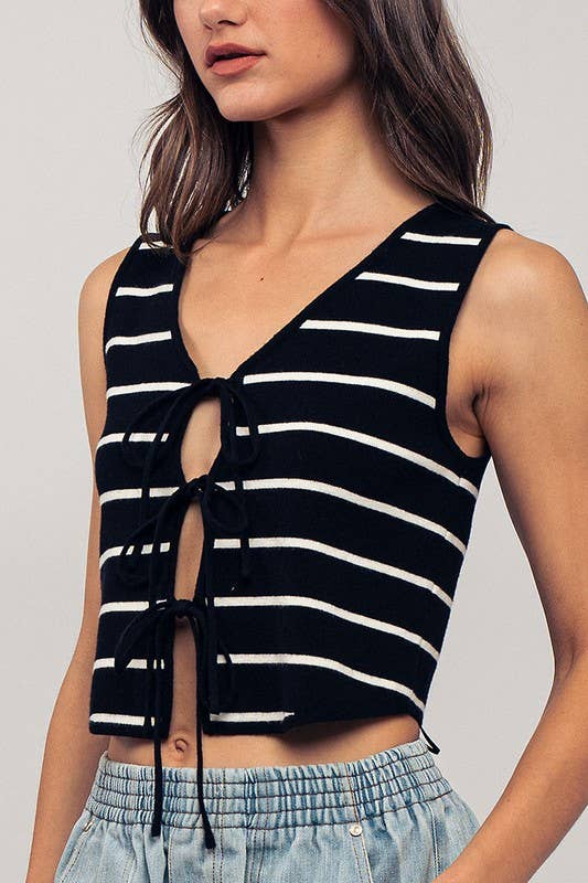 Urban Daizy Striped Tie-Front Cropped Knit Top Black White Knit Top - Women's (UDZ-TP-00750) – alternate view 25