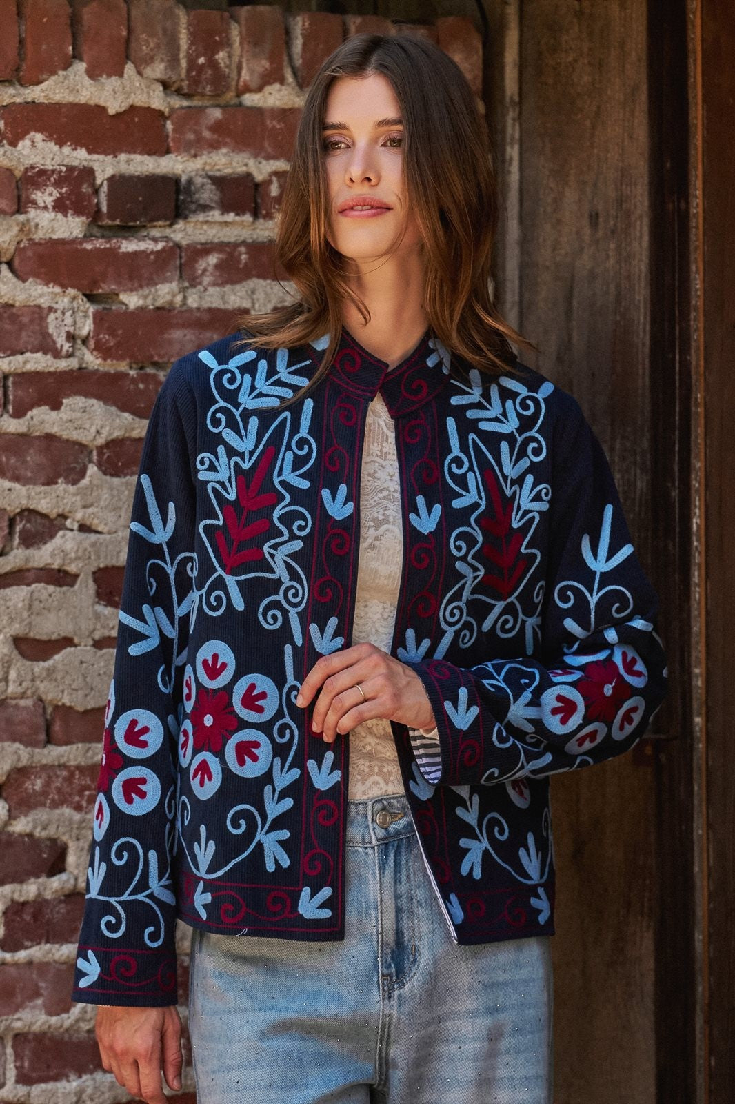 Embroidered Corduroy Jacket with Folk Floral Scroll in NAVY - Women's Jackets & Blazers | Urban Daizy