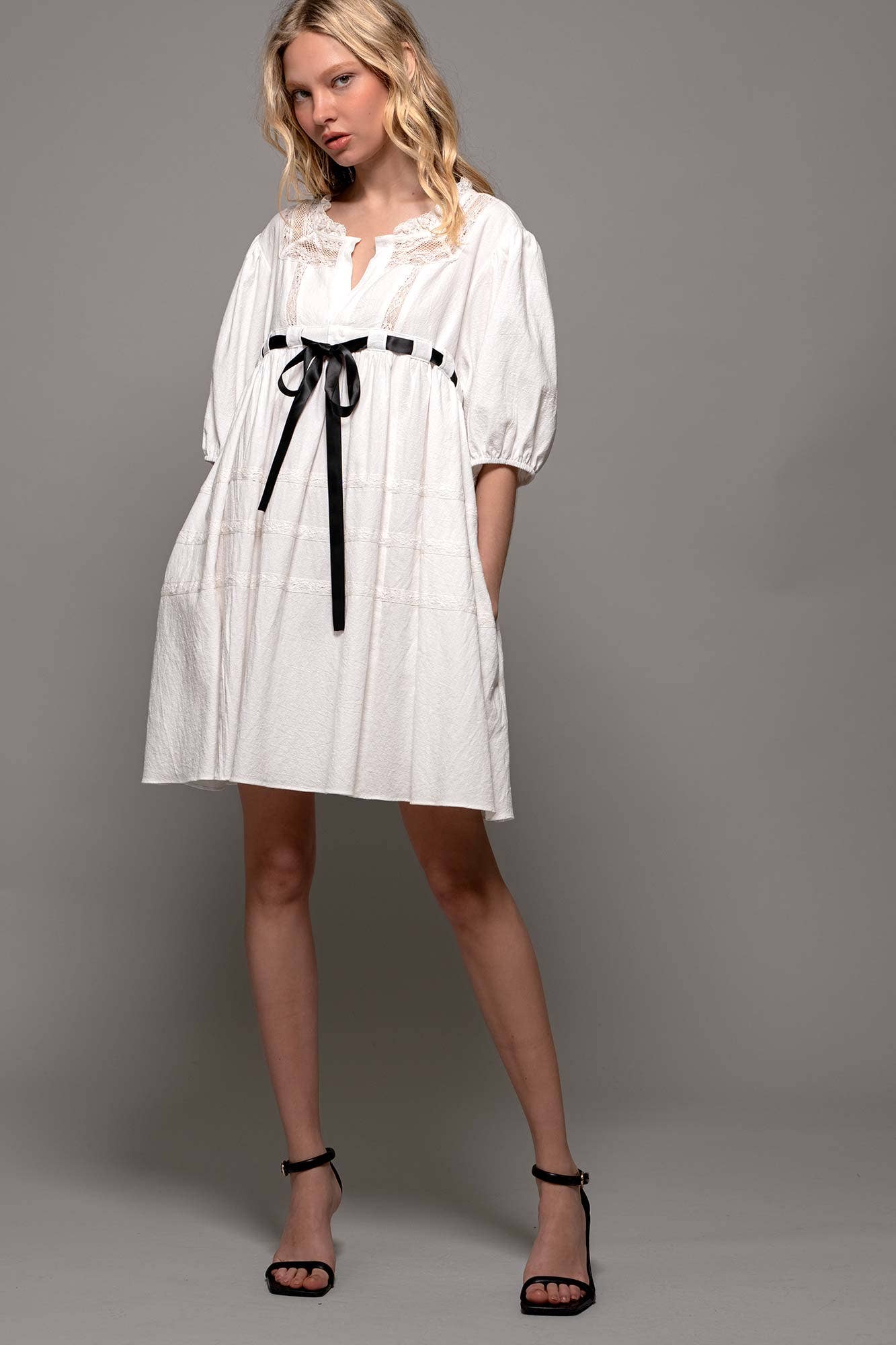 Urban Daizy Square Neck Lace Trim Bow Detail Empire Waist Dress Ivory Dress - Women's (UDZ-DR-00332) – alternate view 11