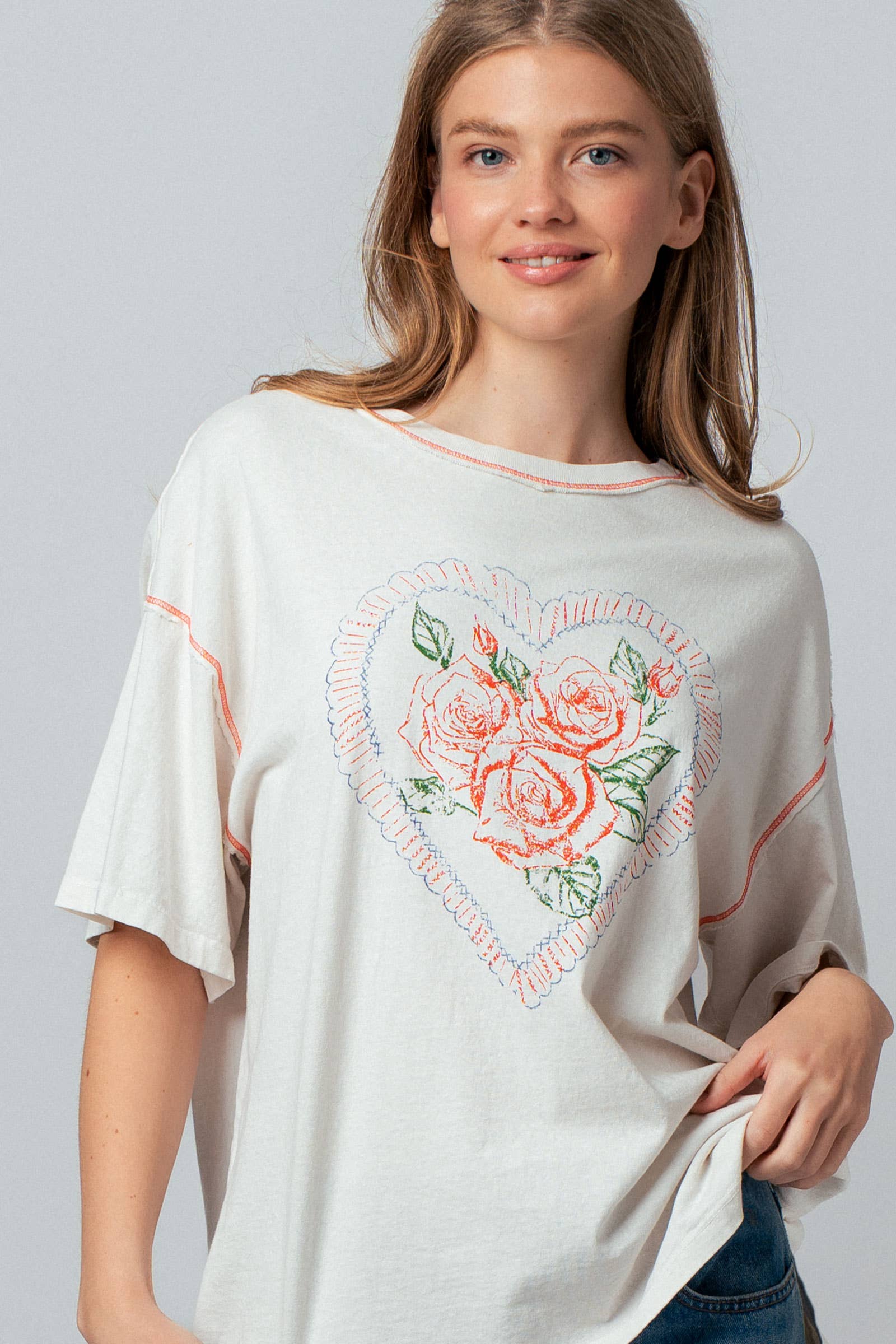 Vintage Rose Heart Floral Oversized Graphic Tee