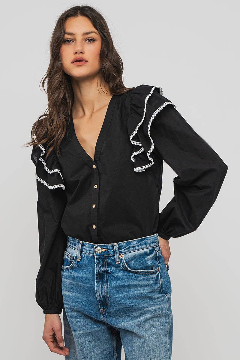 Urban Daizy Ruffled Shoulder V Neck Button Down Blouse White Black Blouse - Women's (UDZ-TP-00746) – alternate view 16