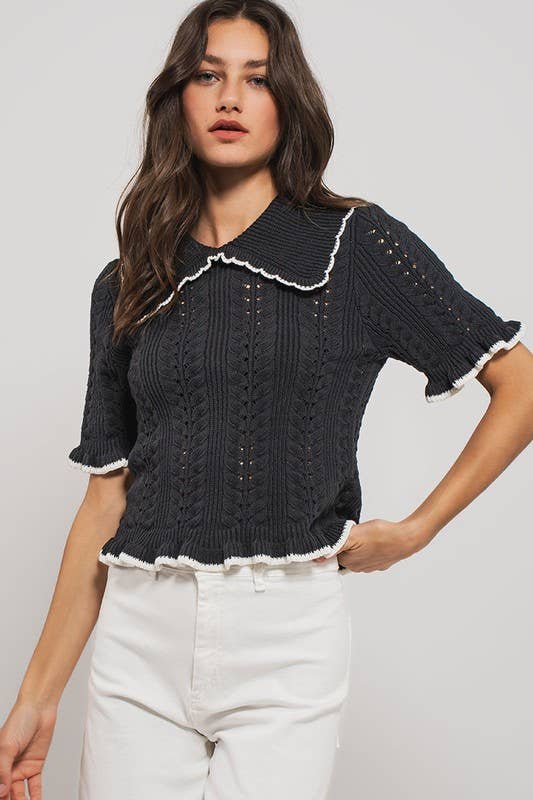 Urban Daizy Crochet Knit Ruffled Top Black Knit Top - Women's (UDZ-TP-00721) – alternate view 21