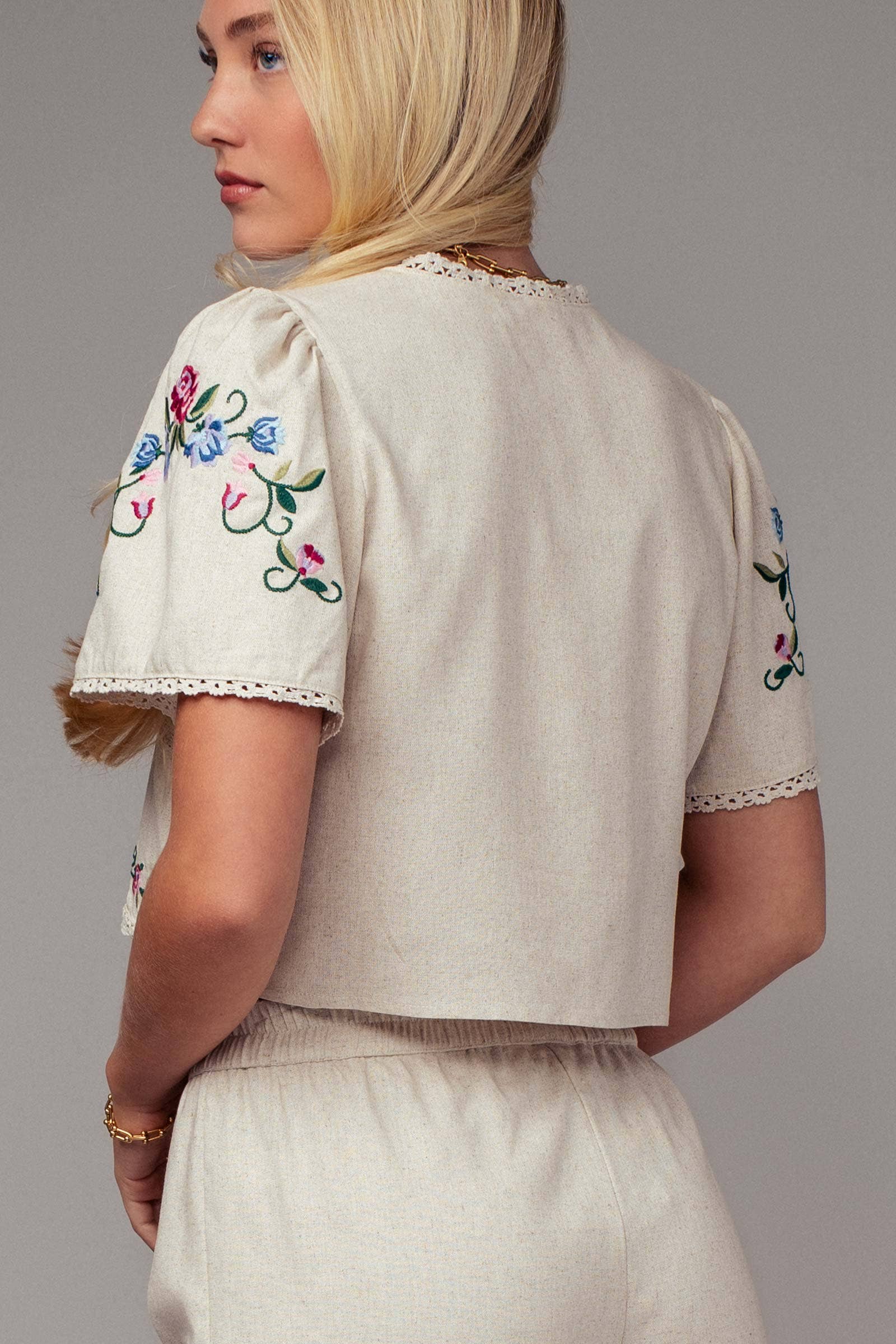 Urban Daizy Embroidered Tie-Front Boho Crop Top Natural Blouse - Women's (UDZ-TP-00811) – alternate view 5