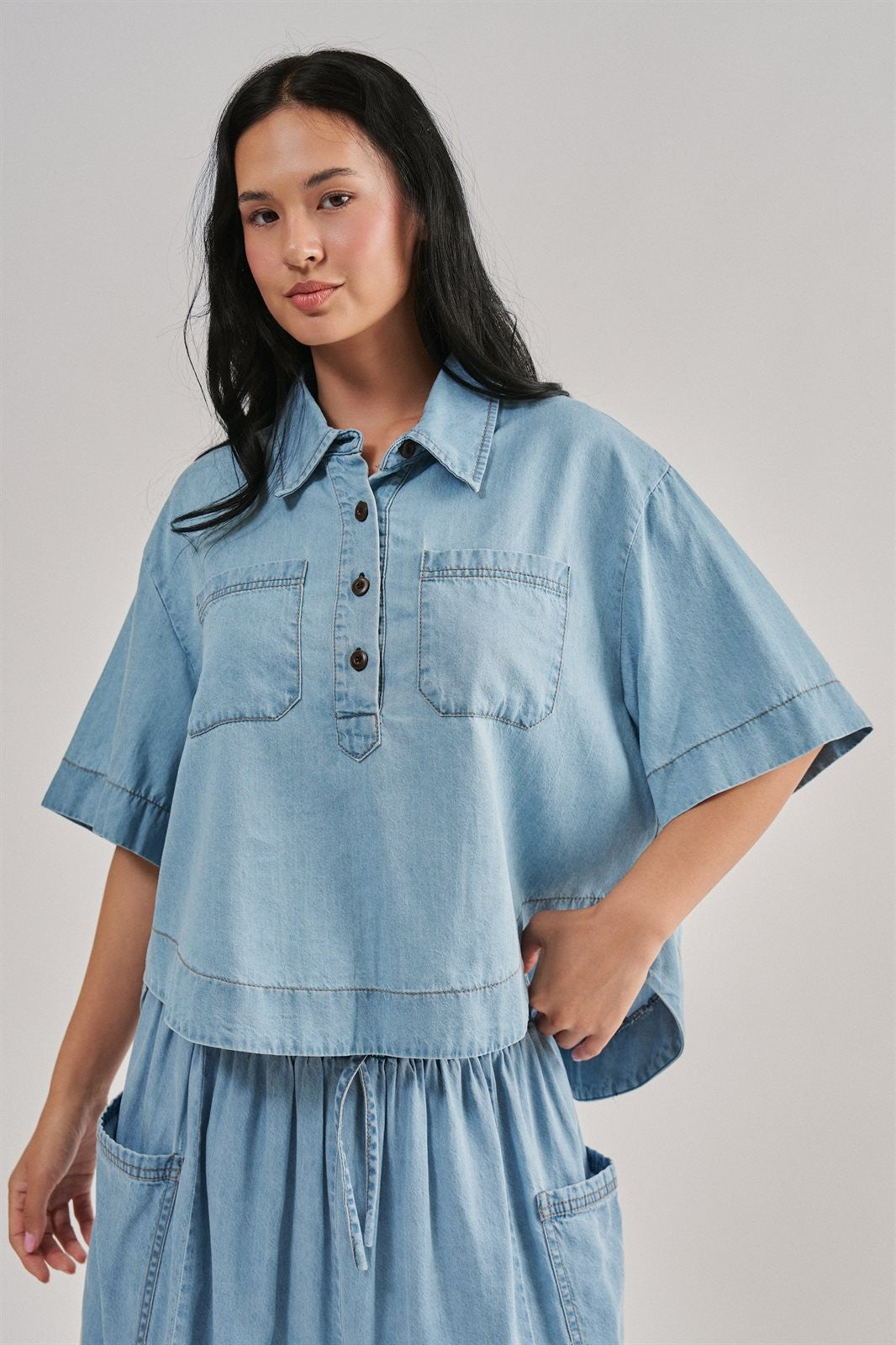 Washed Utility Half-Placket Cropped Shirt in CHAMBRAY - Women's Shirts & Blouses | Urban Daizy