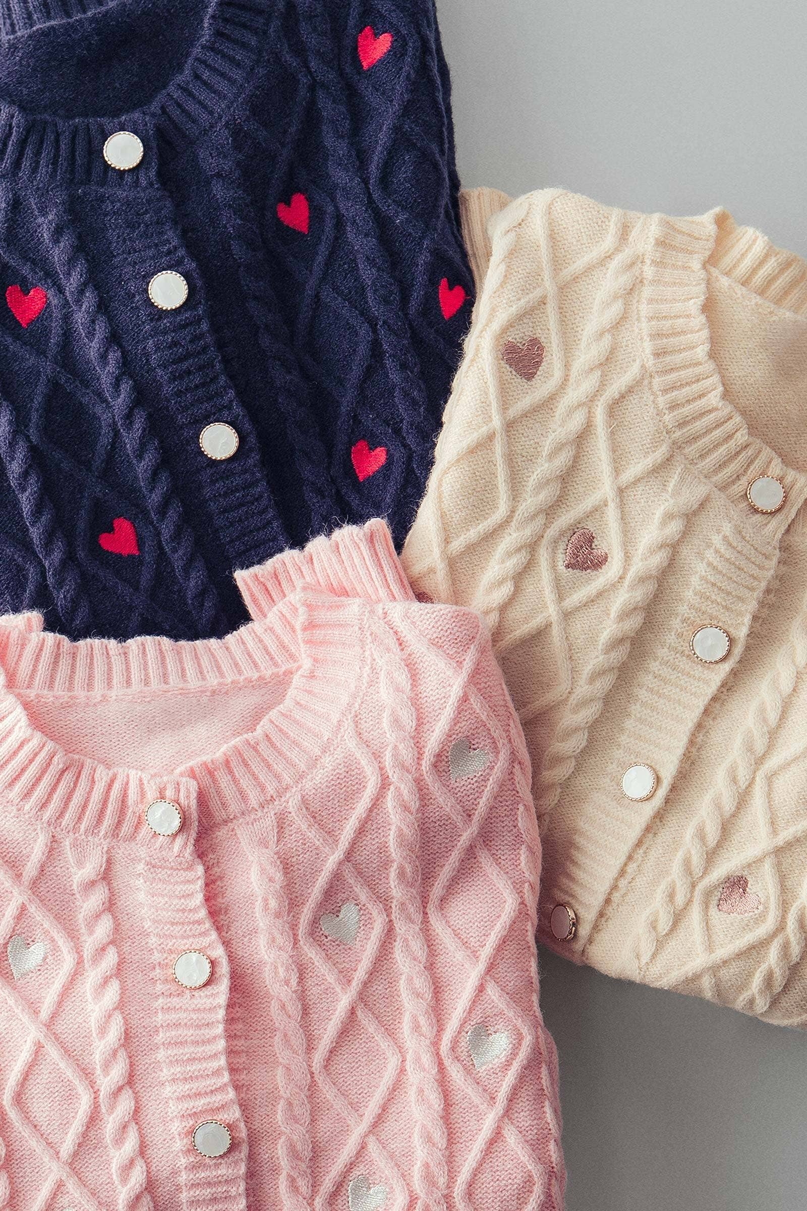 Cable Knit Heart Embroidered Cardigan