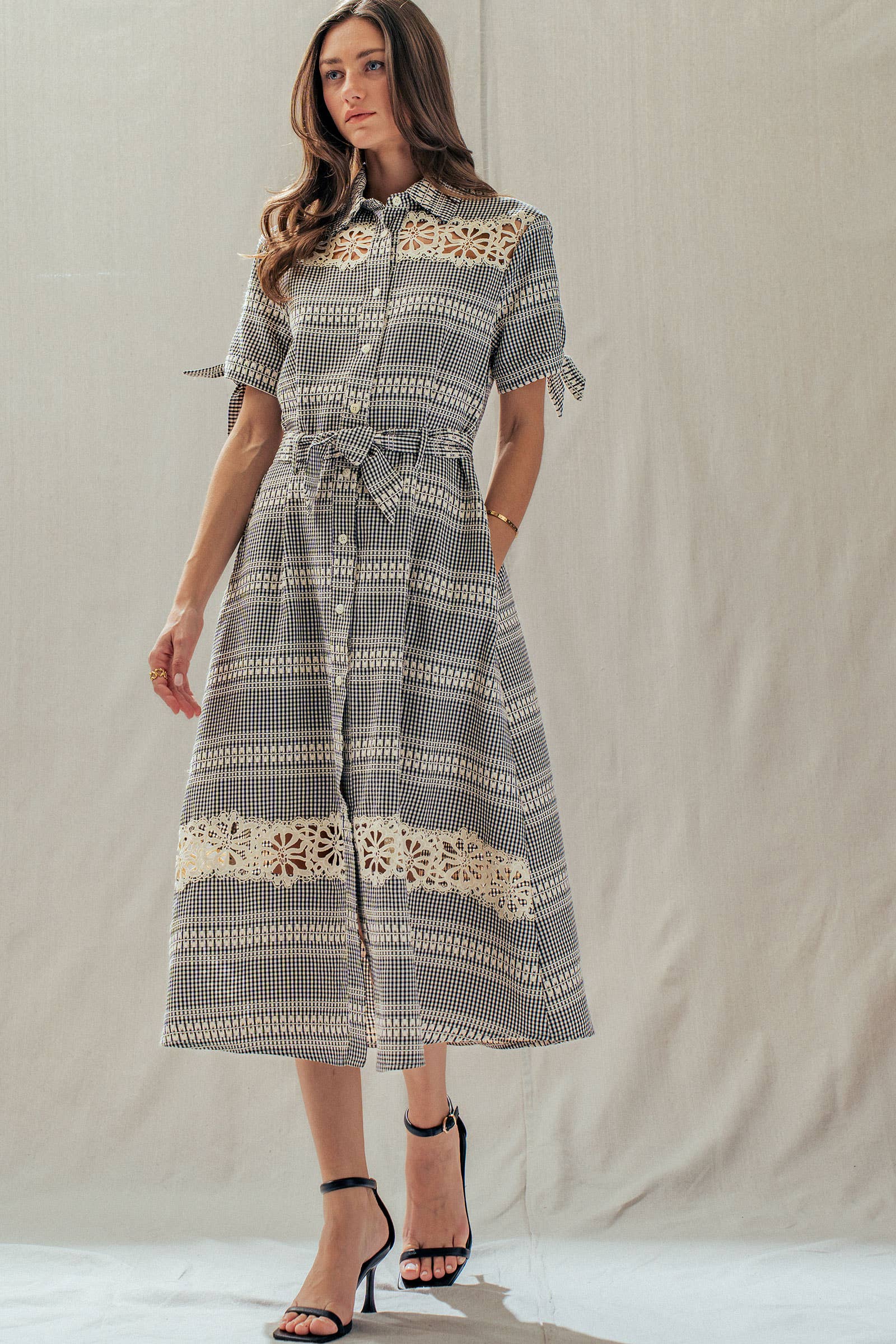 Gingham Cotton Shirt Dress Eyelet Embroidery