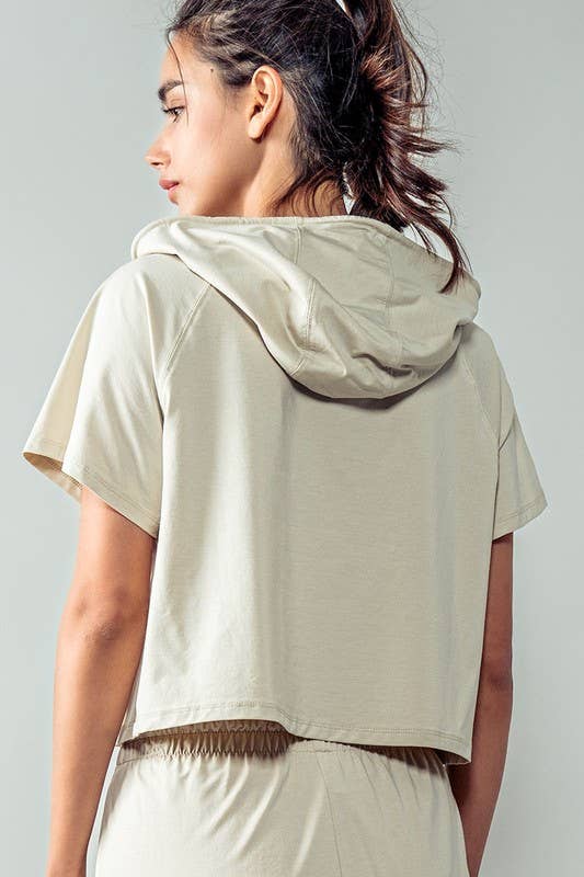 Urban Daizy Cropped Short Sleeve Drawstring Hooded Pullover Top Black Hoodie - Women's (UDZ-KN-00341) – alternate view 6