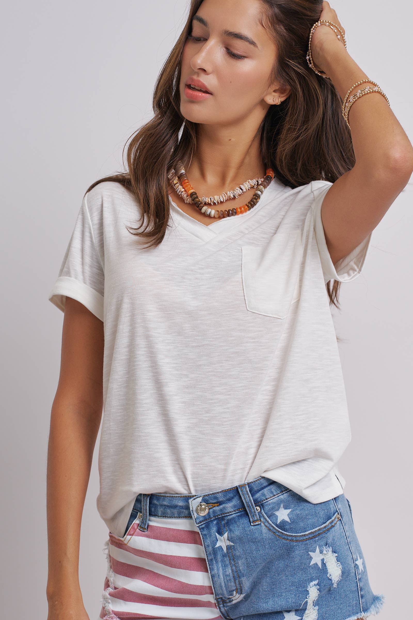 Rolled Sleeve V-Neck Pocket Tee