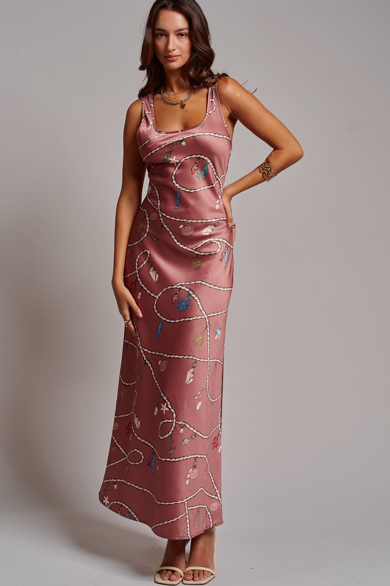 Urban Daizy Coastal Rope Print Satin Slip Midi Dress Brown Dress - Women's (UDDR0360-Brown) – alternate view 8